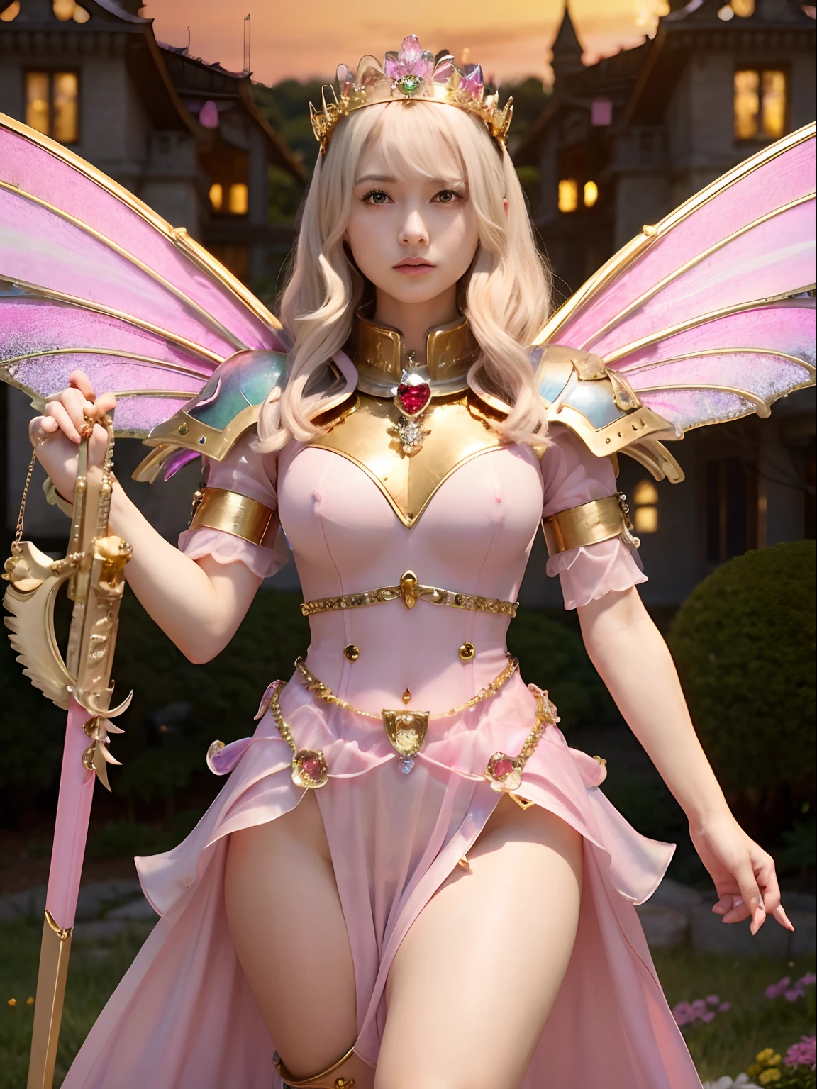 (masutepiece), Professional , masterpiece、top-quality、photos realistic , depth of fields (Gemstone Silver Metal Body:1.9),(Matte Pink、Jewel Gold Weapon、(Gorgeous castle background)、(ultimate beauty girl)、(Iridescent fairy wings grow on the back)、(Jewel Metal Body:1.9),Gorgeous Jewel Metal Weapons , Detailed Sword of the Brave ,( a blond) ,warhammer 40k , adepta sororitas,Detail and ornate jewel crown、独奏、Brown hair、(Gangle's forest background)、Beautiful Caucasian beauty、1a person、dynamic ungle,(((Diamond tiara with detail and luxury)))、a small face、Powerful poses、(Gorgeous castle background)、huge filesize、20 year old beautiful woman、Stand in the center of the screen、Thin female fingers、Straight long hair、Beautiful Caucasian beauty、Valley、Hair fluttering in the wind、