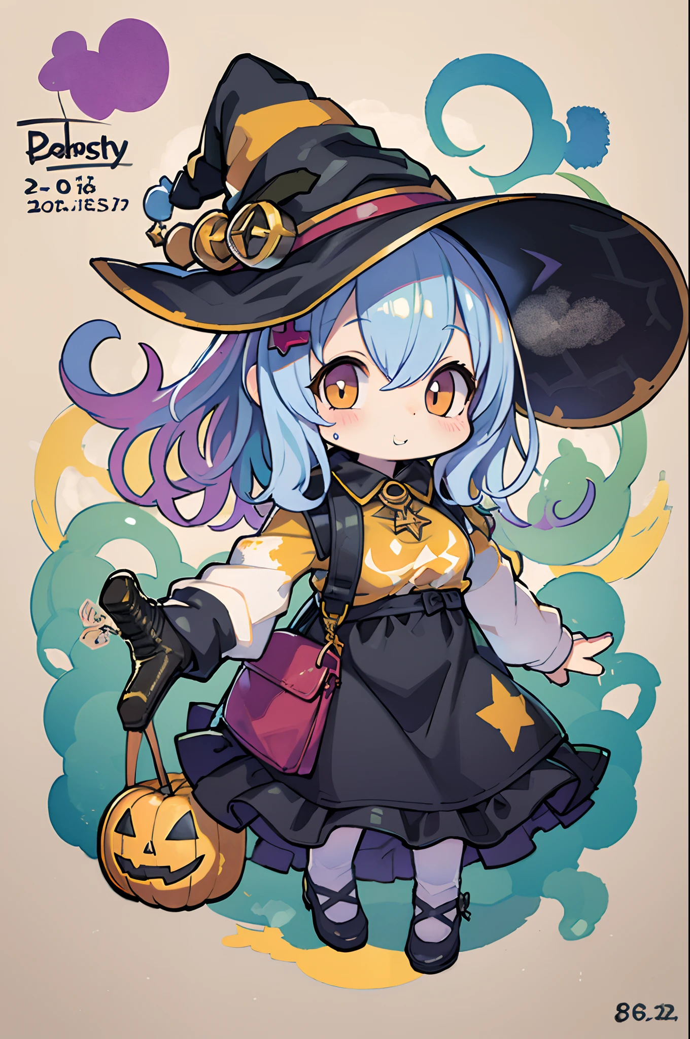 Charming Halloween 8 witch, Random coloring,2D, planar vector, T-shirt design, Colorful splashes, Fantasy Art, Watercolor effect,Digital Painting, white bg, 8K、Chibi