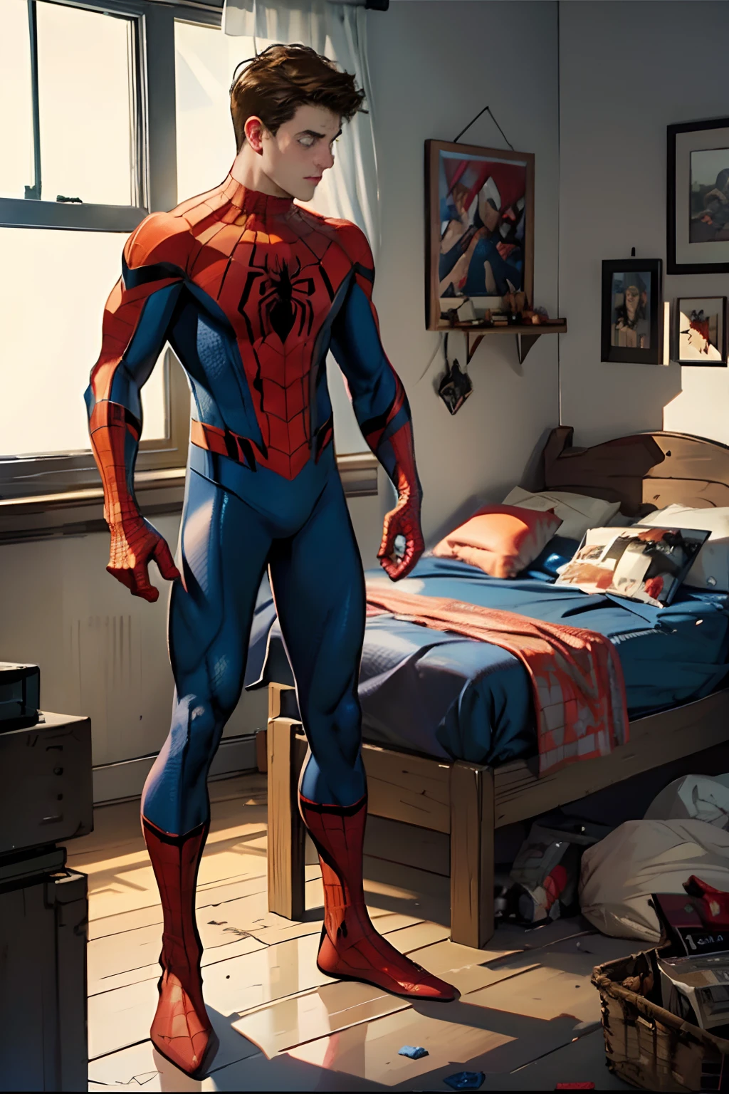 Peter Parker (Spider-man) naked, Spider-Man Costume Thrown to the Ground. He's lying in a messy room