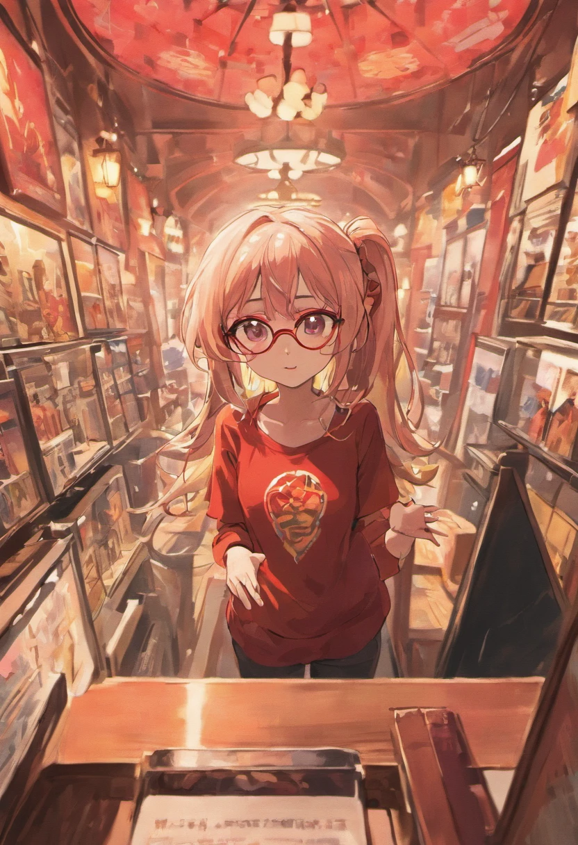 Create a Disney-style poster/Pixar em que contenha uma mulher baixinha, sorridente, cabelos pretos amarrado e preso em rabo de cavalo, Wearing red glasses, vestida com blusa vermelha escrita " Larissa " na blusa, with dark grey long pants and black shoes, Standing behind a desk in an eyewear shop, de cores vermelho e branco, with various types of glasses on the table and several people happily coming to buy glasses that are on the table.