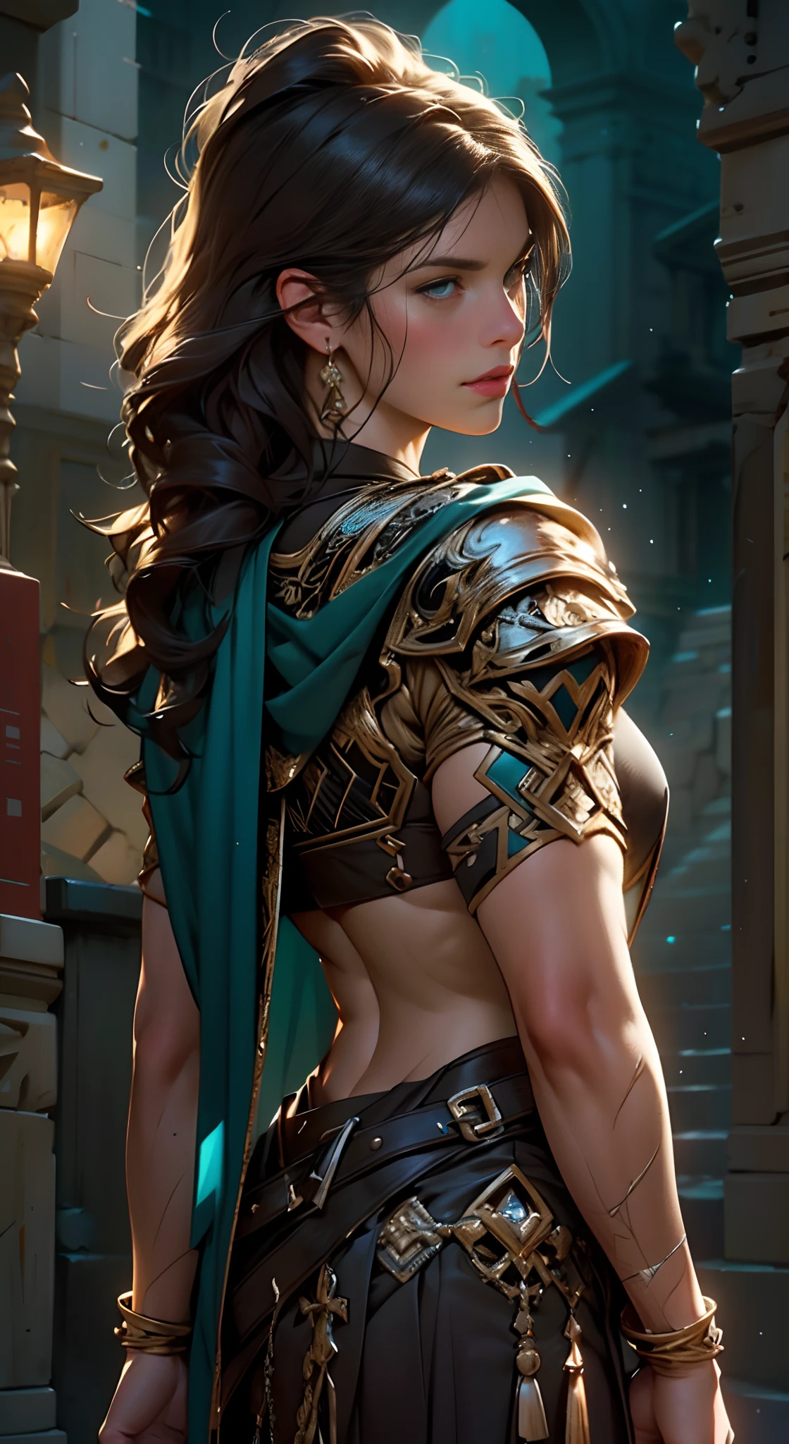 ((back view:1.4)),(rule of thirds:1.4),((hyper-realistic illustration:1.4)) Beautiful 20 yo Mediterranean woman, beautiful athletic figure, shapely toned legs, perfect round ass, natural perky breasts,(abs), ((long dark hair)), green eyes. (joy:1.4), sweet smile, mascara, dress, high heels. Masterpiece, best quality,(highly detailed:1.2),(detailed face and eyes:1.2), depth of field, 8k wallpaper, natural lighting, core shadows, high contrast, bokeh.