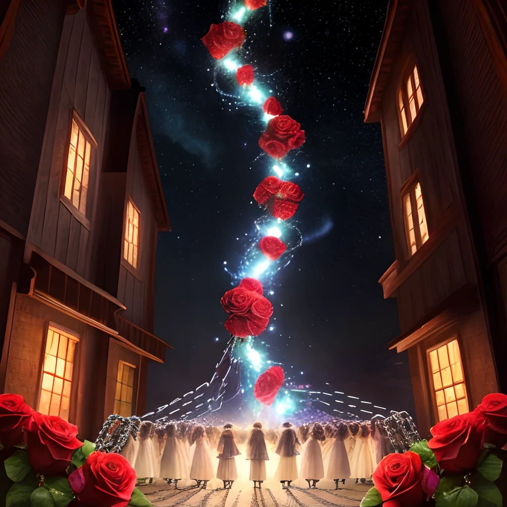 galaxias，Chains with roses wrap around the starship group，Red