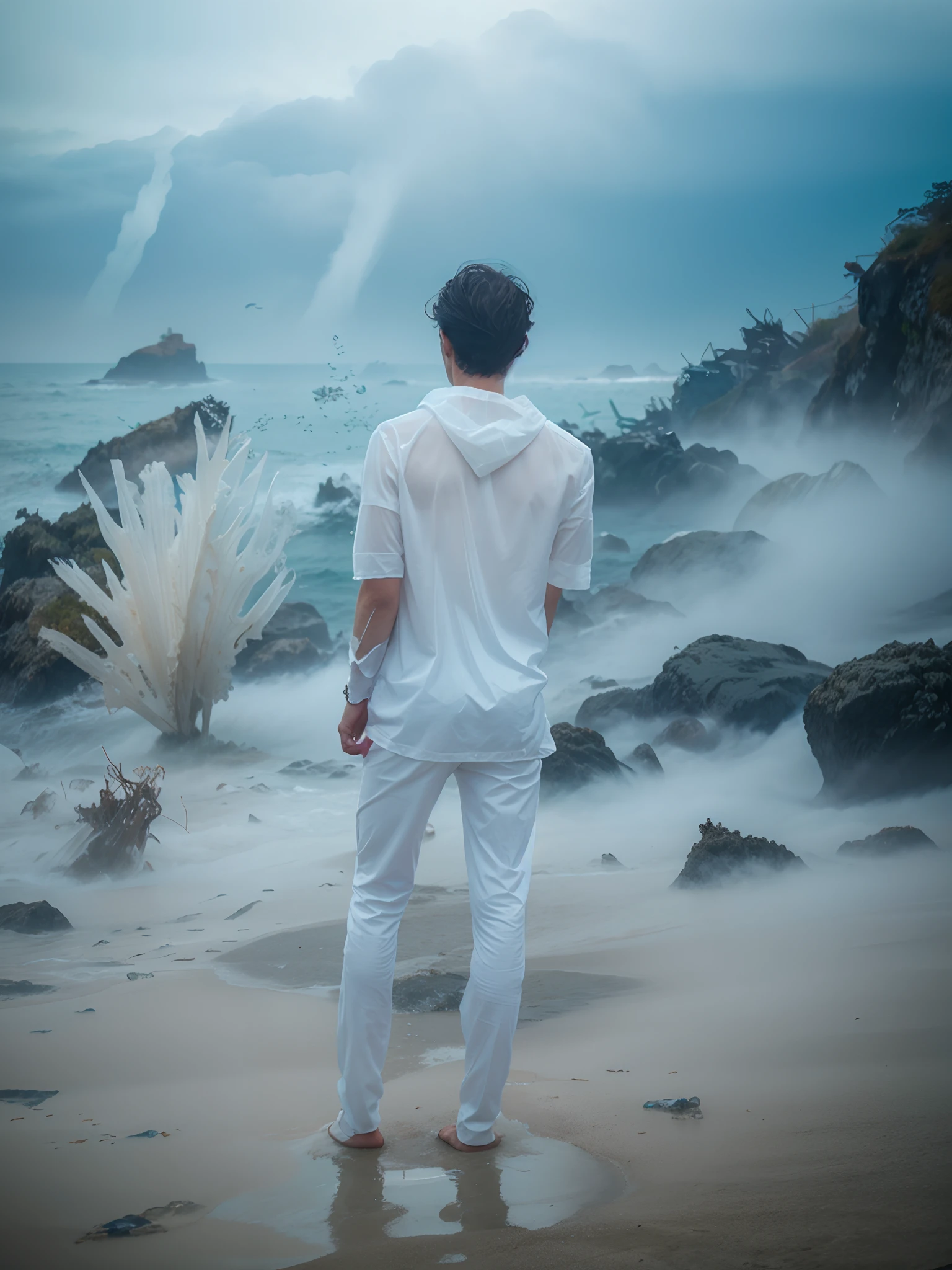 man translucent like a ghost with his hair up, in the middle of a terrifying fog with the ocean in the background