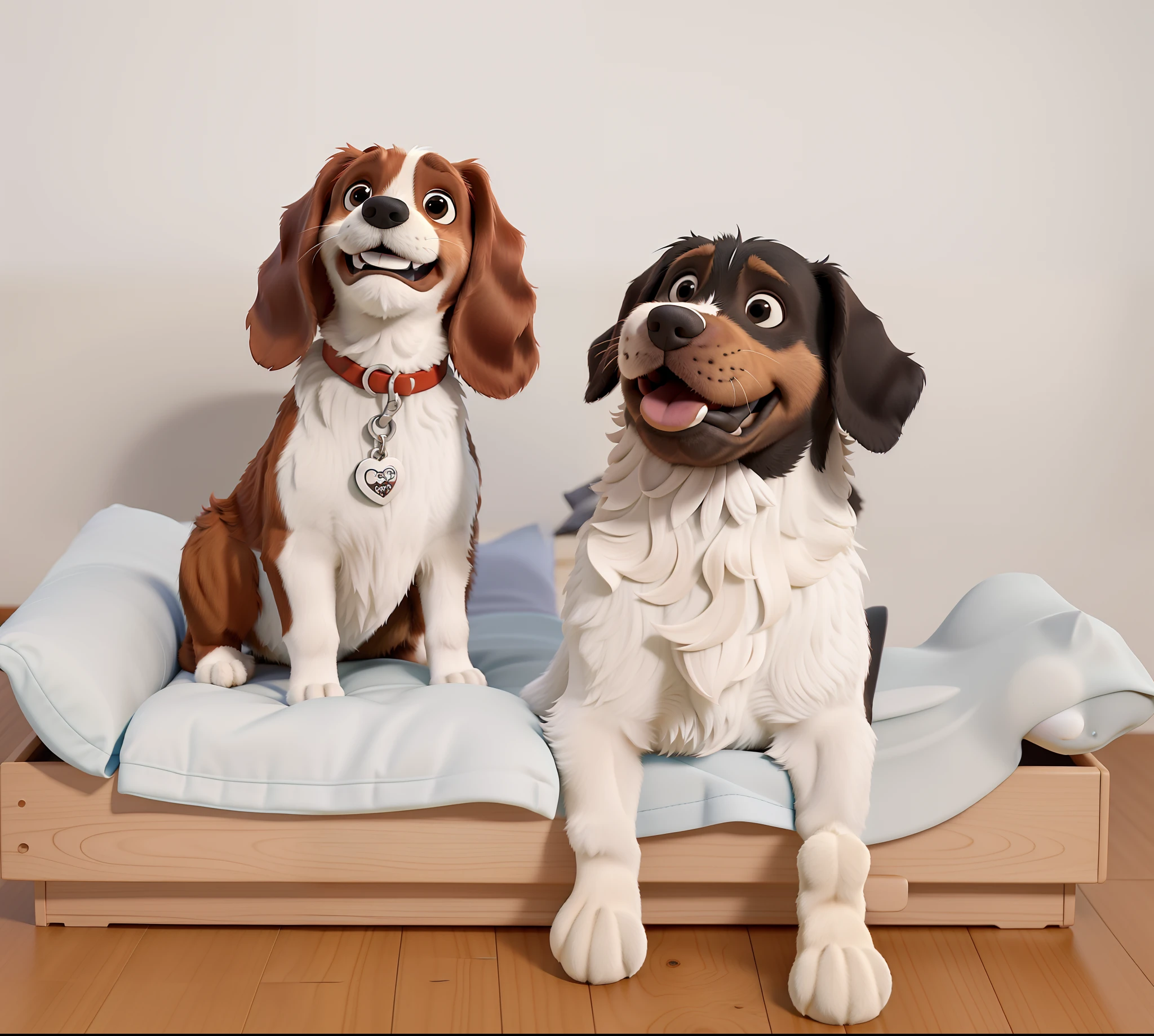 Dois cachorros sentados em uma caminha de tecido cinza e madeira. They're happy and they're friends. melhor qualidade. alta qualidade.