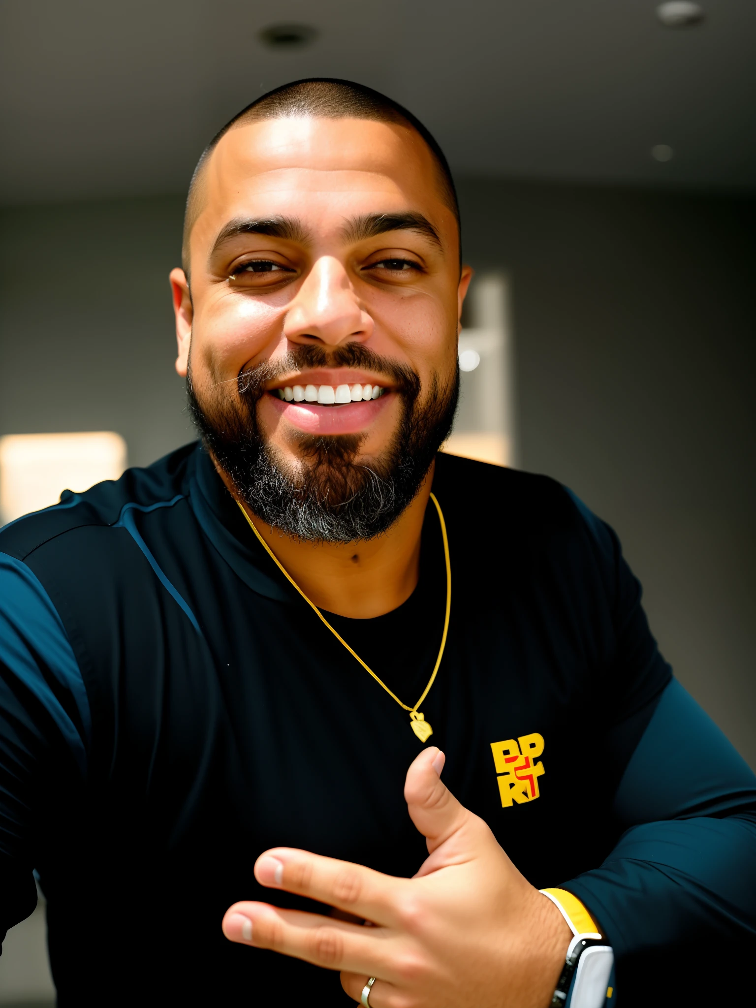 There's a man who's smiling and making a funny face, eric parker, foto do perfil, foto de perfil headshot, Masterpice de arte, inspirado em Christopher Williams, taken in the early 2020s, foto de perfil profissional, imagem profissional, Masterpice, Retrato tirado 8 K, Ronaldo Nazario, imagem de perfil, com barba e camisa preta