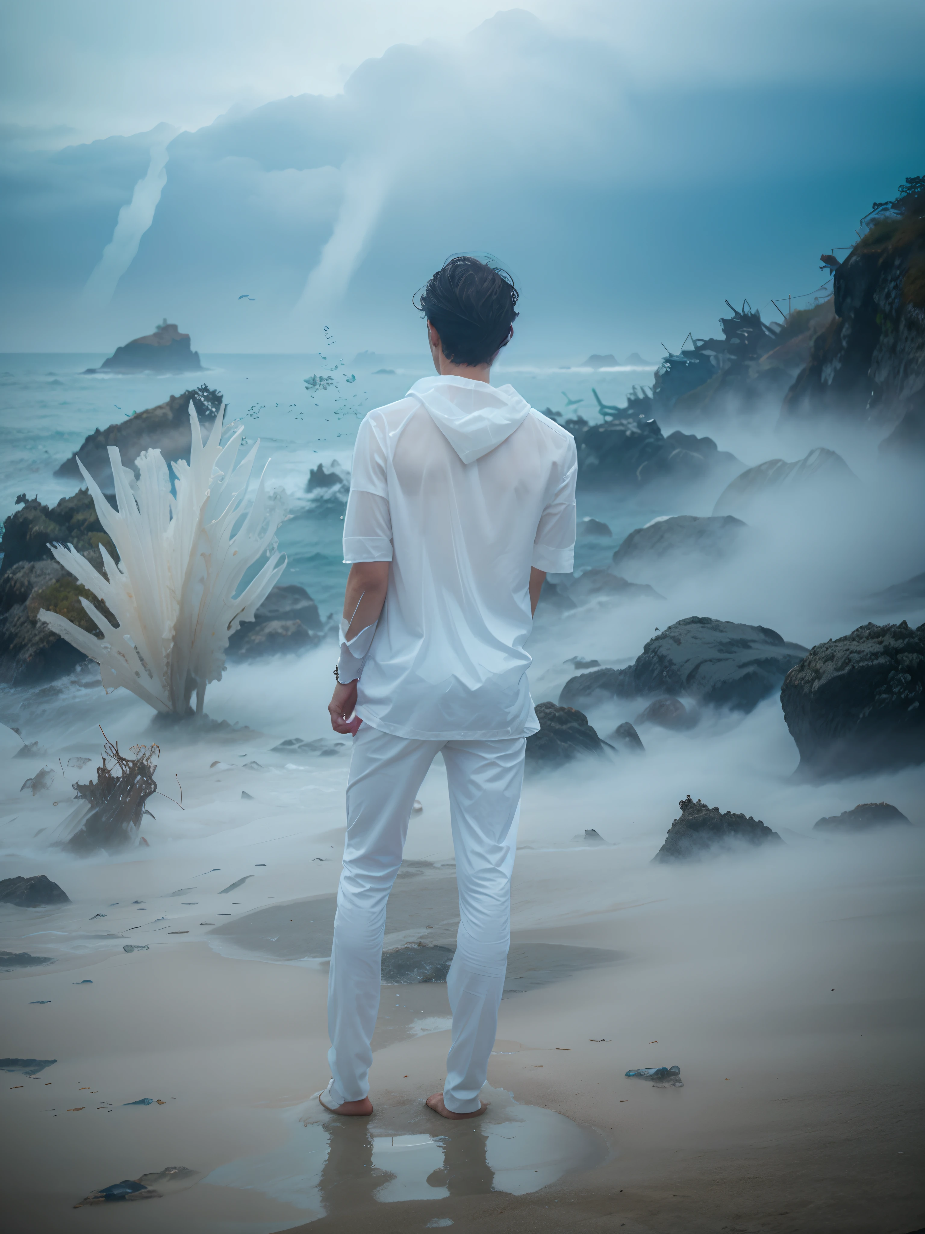 man translucent like a ghost with his hair up, in the middle of a terrifying fog with the ocean in the background