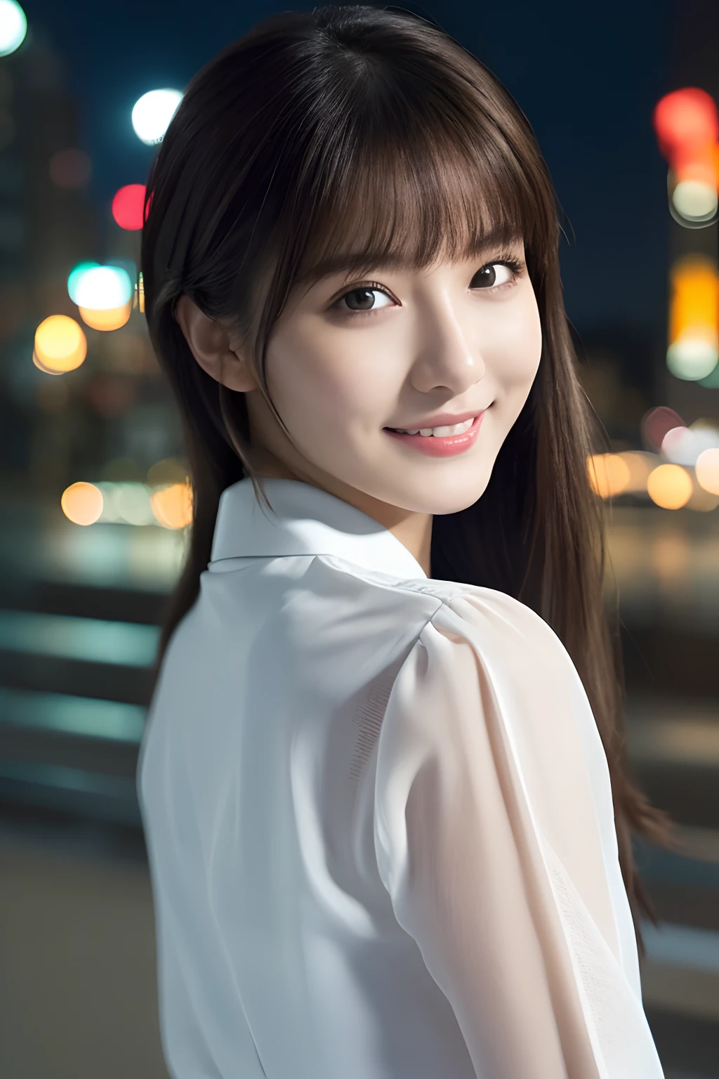1girl in, (Wear a platinum blouse:1.2), (Raw photo, Best Quality), (Realistic, Photorealsitic:1.4), masutepiece, Extremely delicate and beautiful, Extremely detailed, 2k wallpaper, amazing, finely detail, the Extremely Detailed CG Unity 8K Wallpapers, Ultra-detailed, hight resolution, Soft light, Beautiful detailed girl, extremely detailed eye and face, beautiful detailed nose, Beautiful detailed eyes, Cinematic lighting, city light at night, Perfect Anatomy, Slender body, Taut,
Straight semi-long hair, Bangs, Looking at Viewer, A slight smil