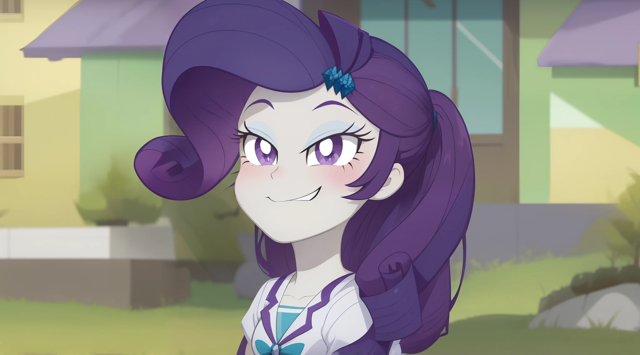 a close up of a cartoon pony with a purple hair, purple eyes and white dress, her hair is in a pony tail, she has purple hair, nefarious smirk, windy mane, equestria, anthropomorphic mare, she has two ponytails, giddy smirk, proud smirk, cocky smirk, a purple and white dress uniform, rarity, equestria girls