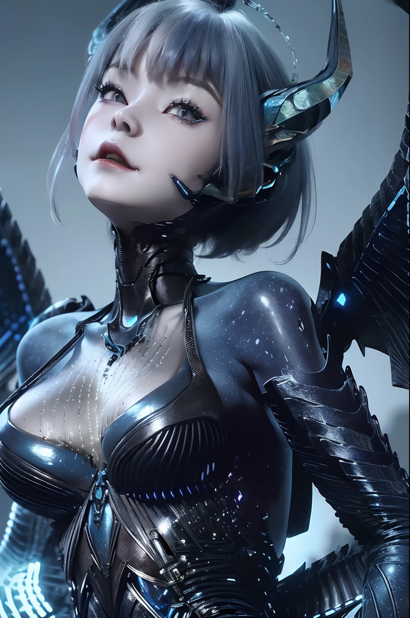 (Best quality, 8K, Masterpiece:1.2), upperbody closeup，little breast，Face forward，Front-facing, Enchanting, 。.。.3D, Blue glow, Jumpsuit, demon, scales, The wings and tail of the little devil, Cyberpunk, Devilish horns, Stardust Body, blue short hair.elation