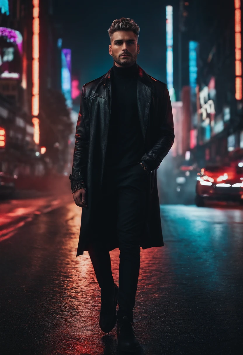 1 personagem masculino de cabelos ruivos e olhos vermelhos, Wearing a black jacket in a cyber city