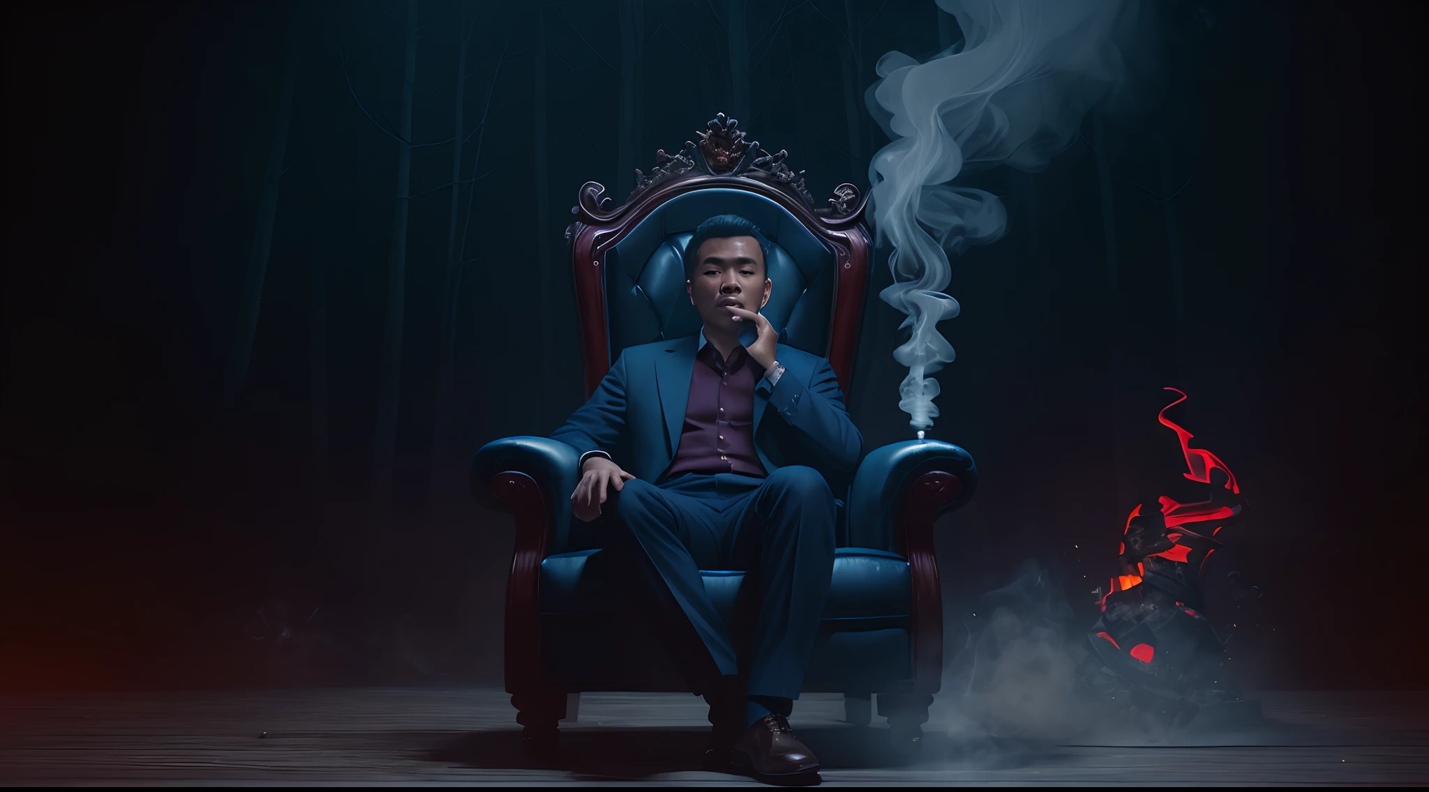 a malay man in torn dark blue office outfit seat in a throne while smoking cigarettes , dark mood, dark forest, red owl behind him, Prores lense, Low angle shot, Desaturated color grading, rear projection, natural light, Dynamic shadows, horror film, high quality, ultra detail, 8k,