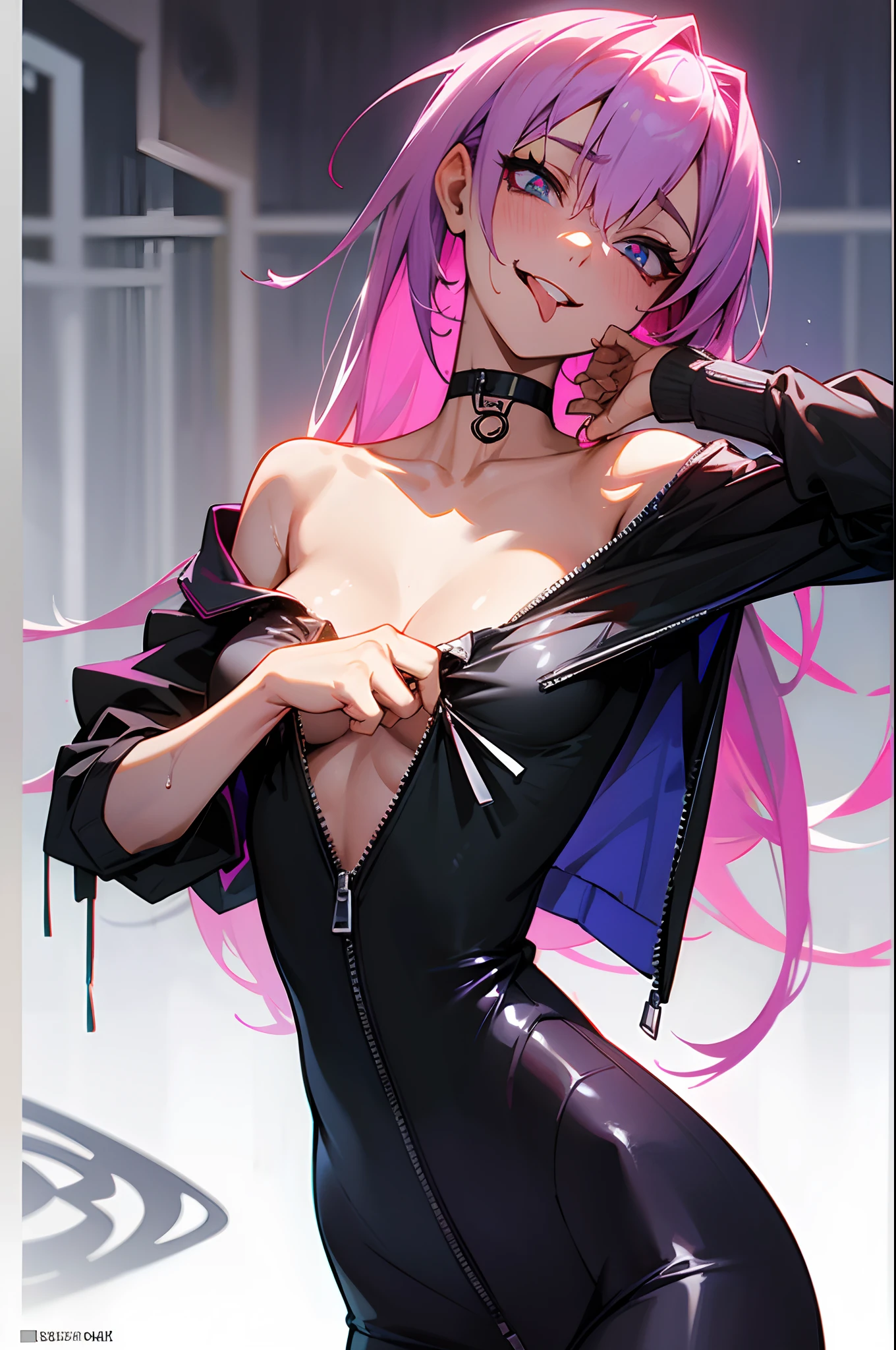 jinx, wearing extreme thin wet unzip shirt, breast expose, changing room, taking selfie, show off, tongue out, bath tube, undressing, bend down, oily body detail, after extreme , clothes_lift, collarbone, virgin, yandere, bare shoulder, bitch tattoo, glowing eternal pupil, ultra sharp, choker, messy hair, long bang, exhausted body, madness posture, ((poster))