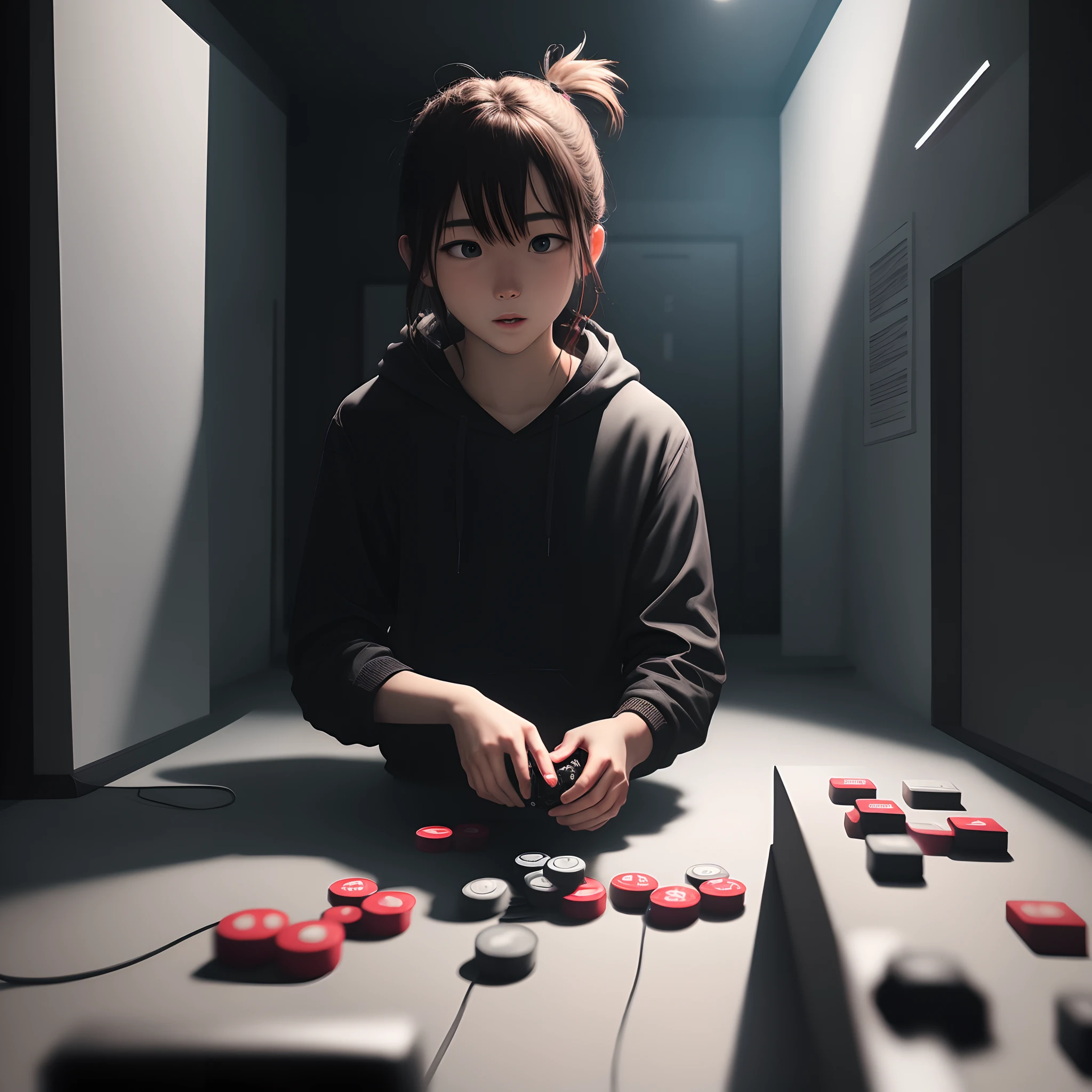 Person playing a game in a black room