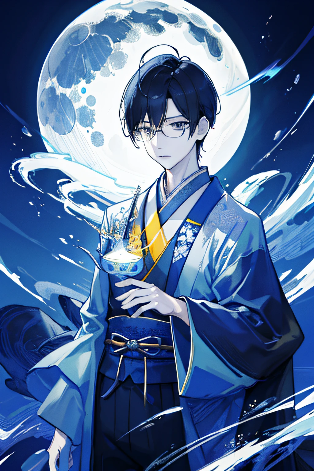 masterpiece, top-quality, 1 man, Adults, a handsome, tall muscular man, broad shoulder, finely eye and detailed face, the Extremely Detailed CG Unity 8K Wallpapers, intricate-detail,, mad scientist,japanese kimono, brow, eye glasses, Realistic Full Moon, Yellow Moon,A slight smil, from side|From above, depth of fields