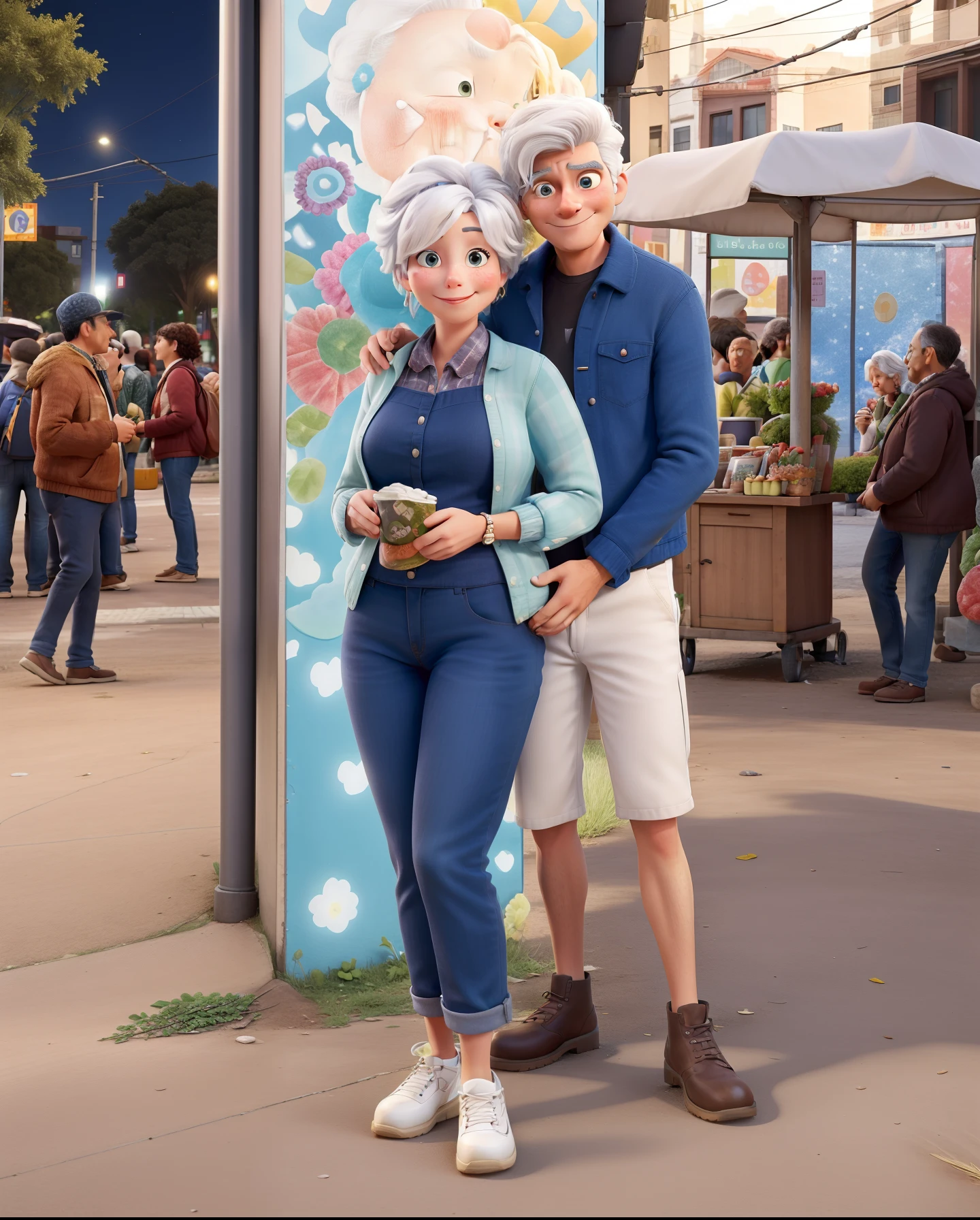 This is a photo of two people standing in front of a colorful mural. The mural is of a woman with white hair and a wreath. People are next to each other and seem to be posing for the photo. O fundo consiste em uma rua movimentada com carrinhos de comida e pessoas passando. The photo appears to have been taken at night., perfeito e realista
