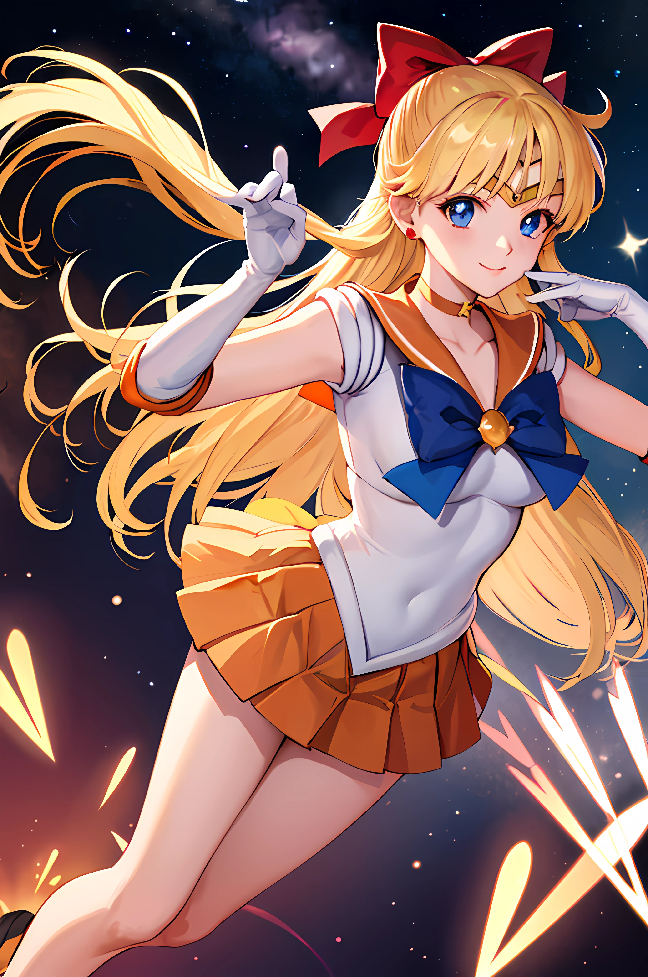 masterpiece, best quality, highres, sv1, sailor senshi uniform, orange skirt, elbow gloves, tiara, pleated skirt, miniskirt, red bow, orange choker, white gloves, jewelry, starry sky, badass pose, slight smile, portrait, floating