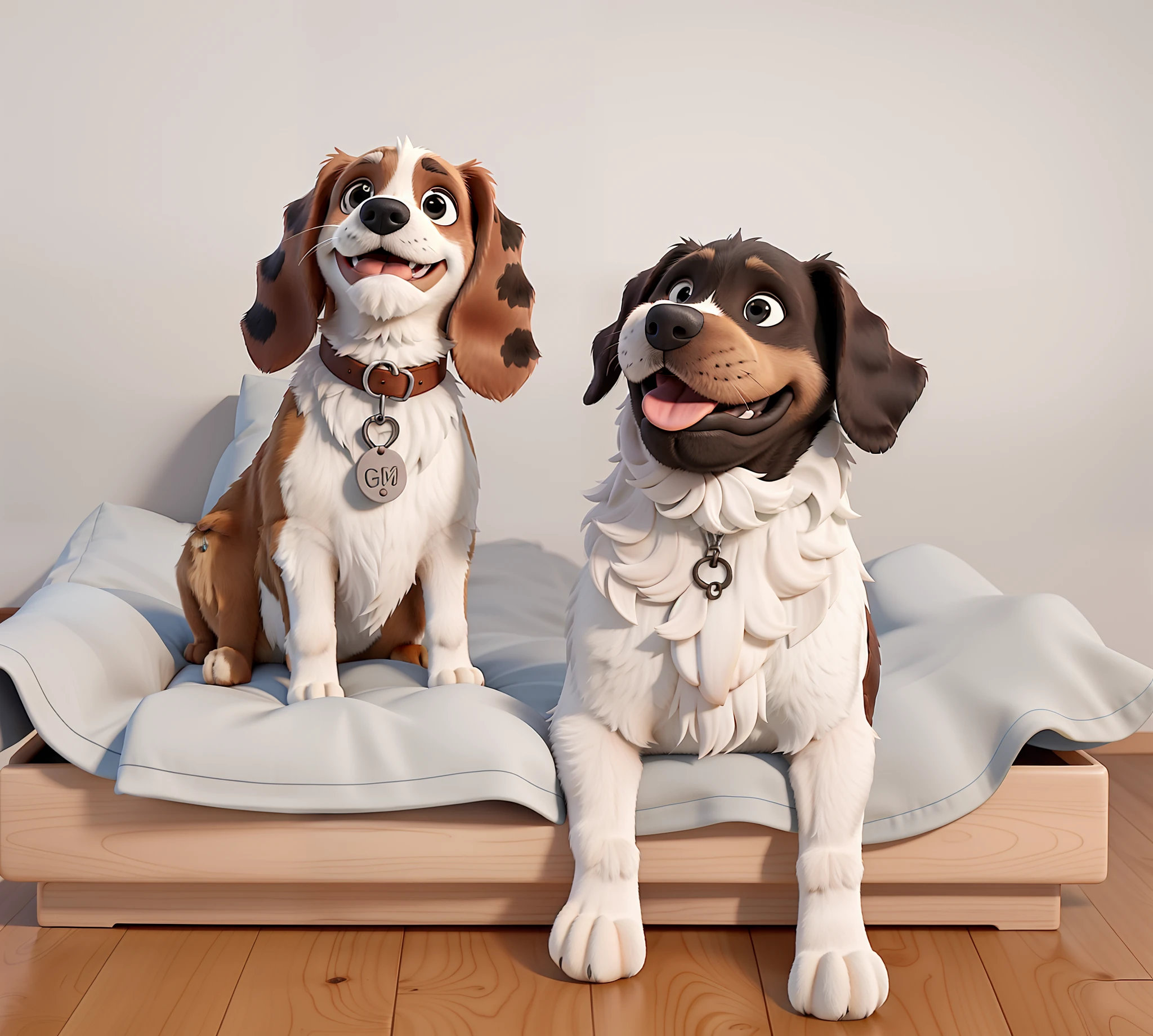 Two dogs sitting and tongue out on a bed of gray fabric and wood. They're happy and they're friends. melhor qualidade. alta qualidade.