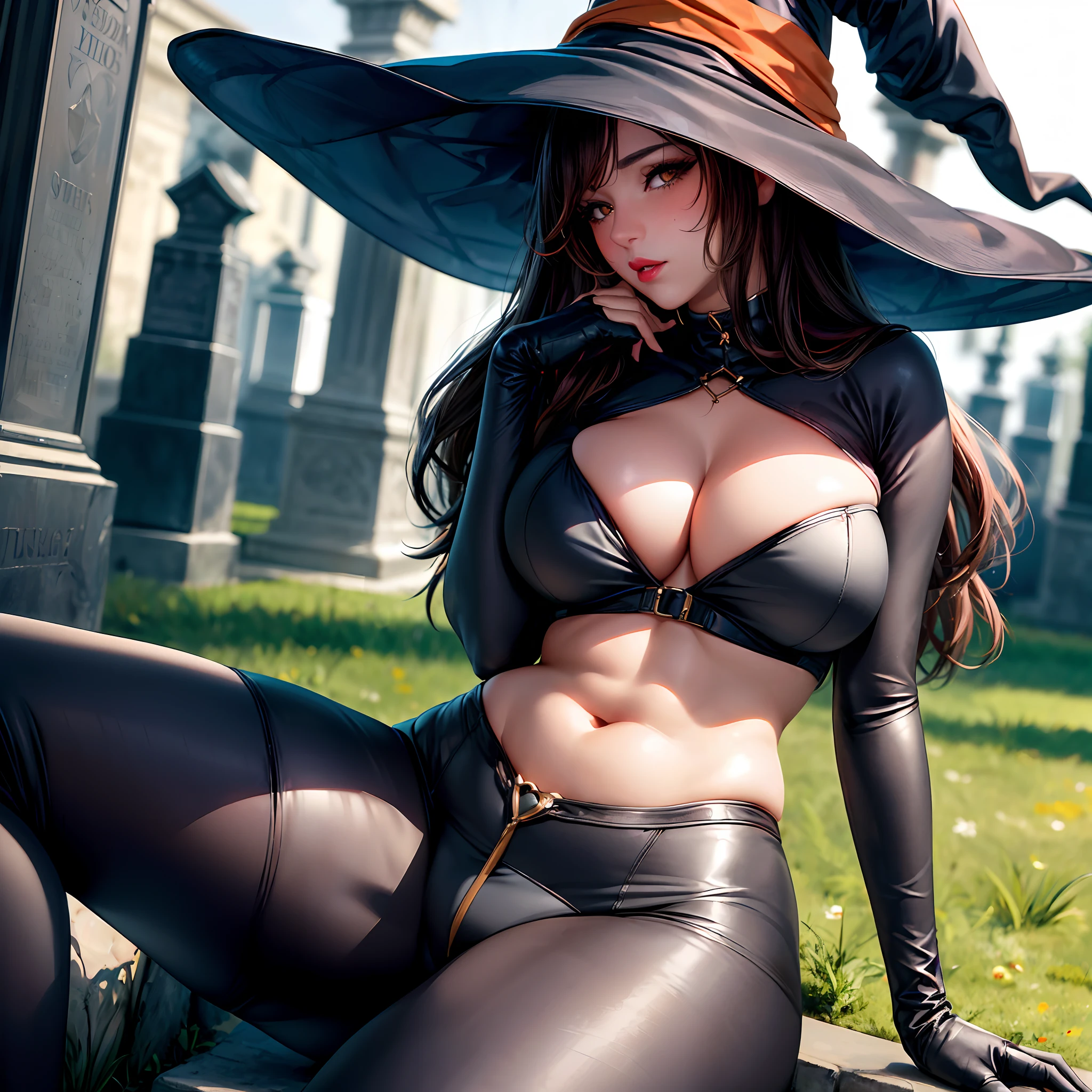 (masterpiece:1.2, best quality), realistic, (real picture, intricate details, depth of field), (1girl, solo), make up, parted lips, highly-detailed, gorgeous perfect face, (medianum breasts:1.8), (skindentation), thick thighs, wide hips, average waist, tall, ((Voluminous long Wild black hairs)), long hair, voluminous hair, ((beautiful orange eyes and Lauscious orange lips)), sexy, blushing, (Adult Temptress) Voluptuous, Curvy, shes on a cemetery, ((( spandex thight witch costume ))), (( sitting in a lapid )), Wide-Angle