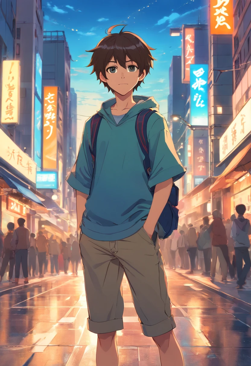 A boy, transformed into an anime style, with exaggerated unique facial features and clothing, standing on a bustling city street, backlit background highlighting the subject, high-contrast colors, 4K high-definition quality,young, smiling, handsome
