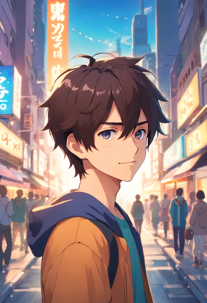A boy, transformed into an anime style, with exaggerated unique facial features and clothing, standing on a bustling city street, backlit background highlighting the subject, high-contrast colors, 4K high-definition quality,young, smiling, handsome
