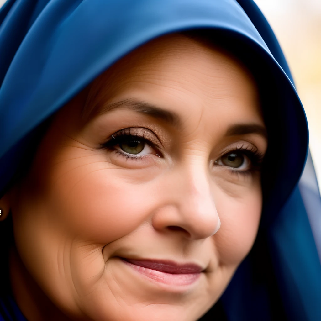 Holy Mary, 50 years old, with a blue veil on her head, brown eyes, sweet and gentle look. Close-up on her face.8k
