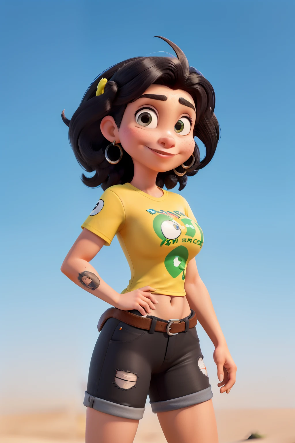 uma mulher 33 anos , cor branca , olhos castanhos claros , brasileira, cabelo amarado como rabo de cavalo, da cor castanho claro , pince no nariz, black t-shirt tattoo on both arms holding an iphone 13 pro max create a Disney avatar create an AI with vibrant colors AI