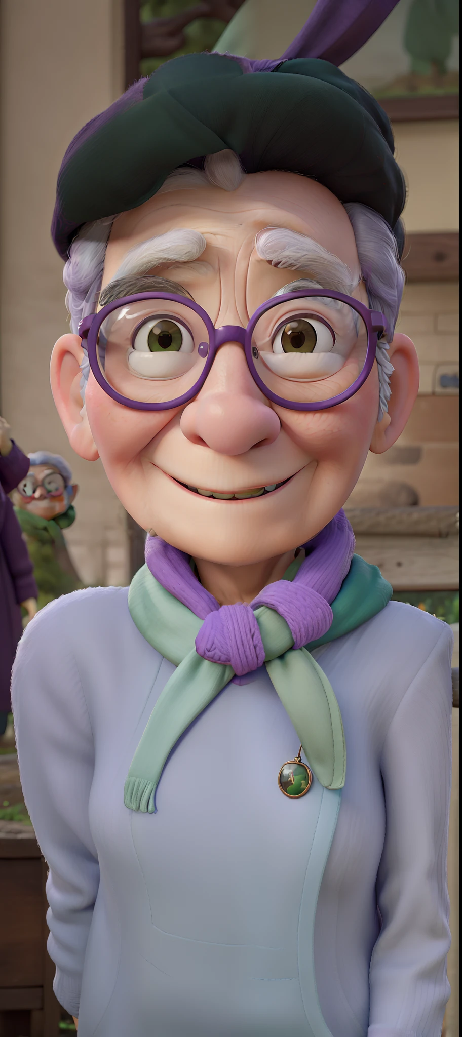 masterpiece, best quality, an old woman with glasses and a scarf on, wearing a purple coat and green scarf, standing at the park