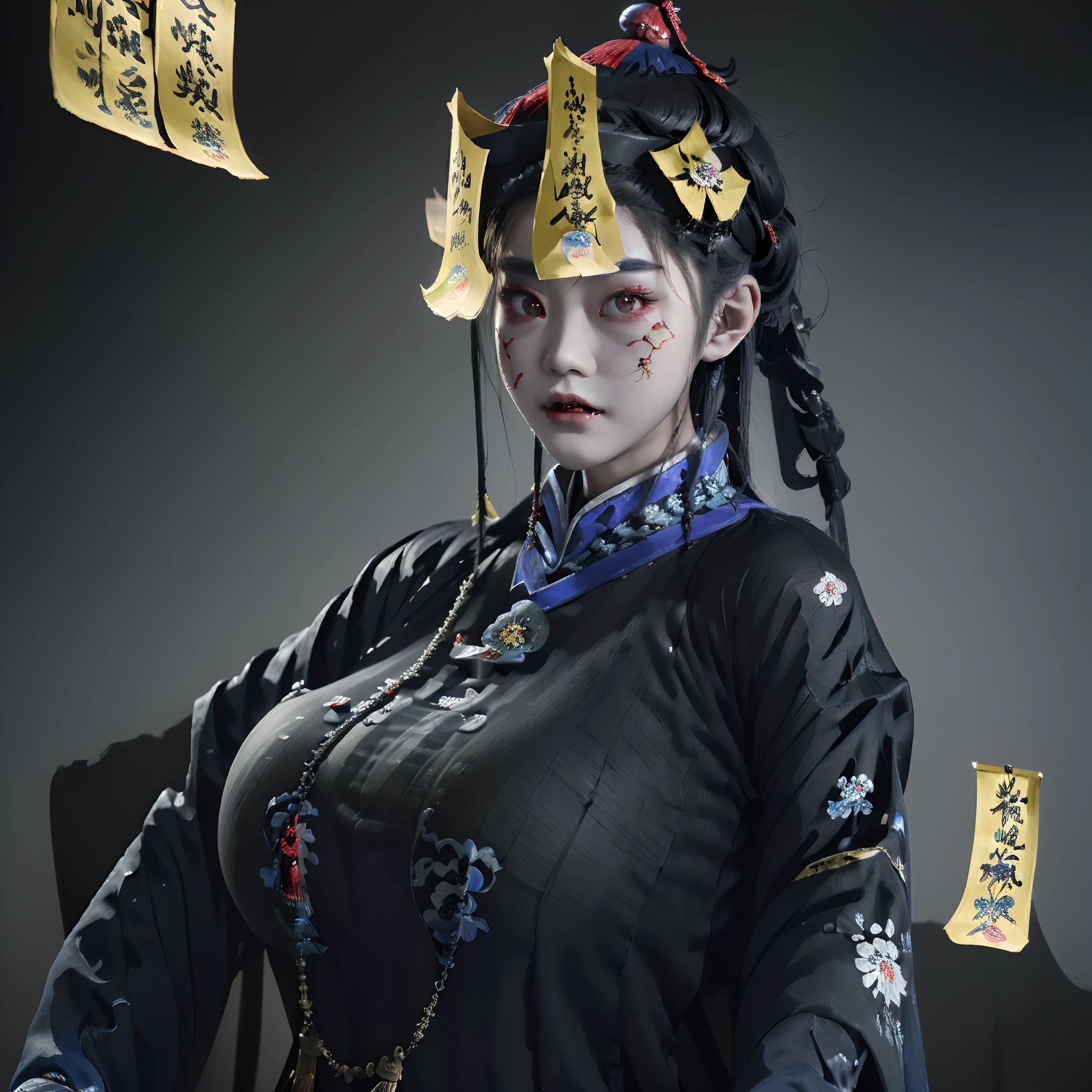 ((masutepiece)),((Best Quality)), 32K HDR, Ultra-detailed, intricate detailes, Cyberpunk, ((1girl in:1.2)), Jiangseki Girl Costume, Dressed as Jiang Shi, (Huangfu paper on the head:1.9), Solo, (Abandoned hut:1.2, In China), (ominous vibe), (Spooky environment), (((Detailed depiction of a girl from Jiangshi with a Huangfu paper on her head))), (creepy pose:1.1), (Spooky lighting), Visual effects with motion blur and spooky elements, Huge breasts, huge tit, Huge boobs,