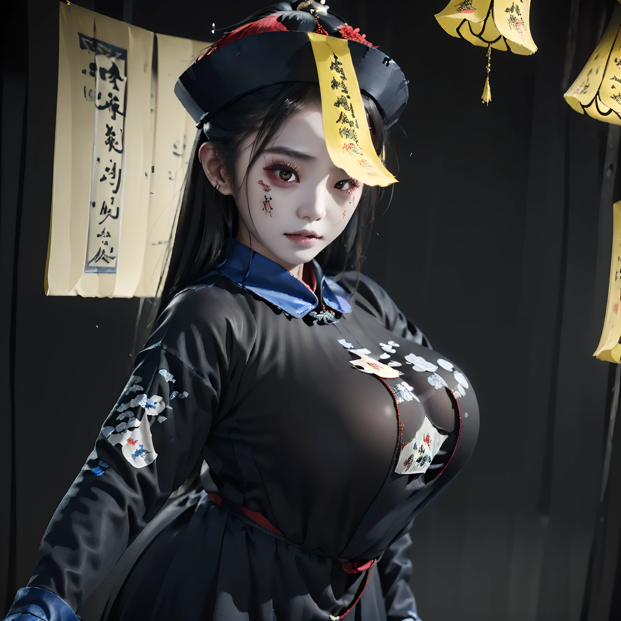 ((masutepiece)),((Best Quality)), 32K HDR, Ultra-detailed, intricate detailes, Cyberpunk, ((1girl in:1.2)), Jiangseki Girl Costume, Dressed as Jiang Shi, (Huangfu paper on the head:1.9), Solo, (Abandoned hut:1.2, In China), (ominous vibe), (Spooky environment), (((Detailed depiction of a girl from Jiangshi with a Huangfu paper on her head))), (creepy pose:1.1), (Spooky lighting), Visual effects with motion blur and spooky elements, Huge breasts, huge tit, Huge boobs,