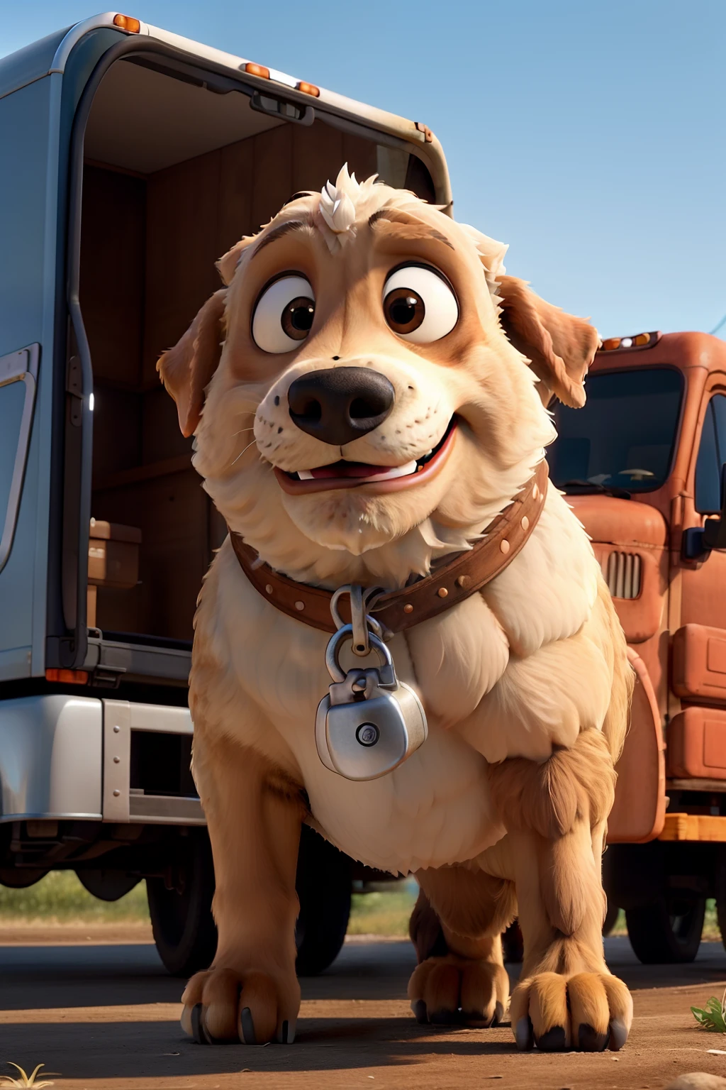 Obra-prima, de melhor qualidade, um homem loiro de barba com uma caminhonete c10 cinza e um cachorro golden. Background a trailer truck
