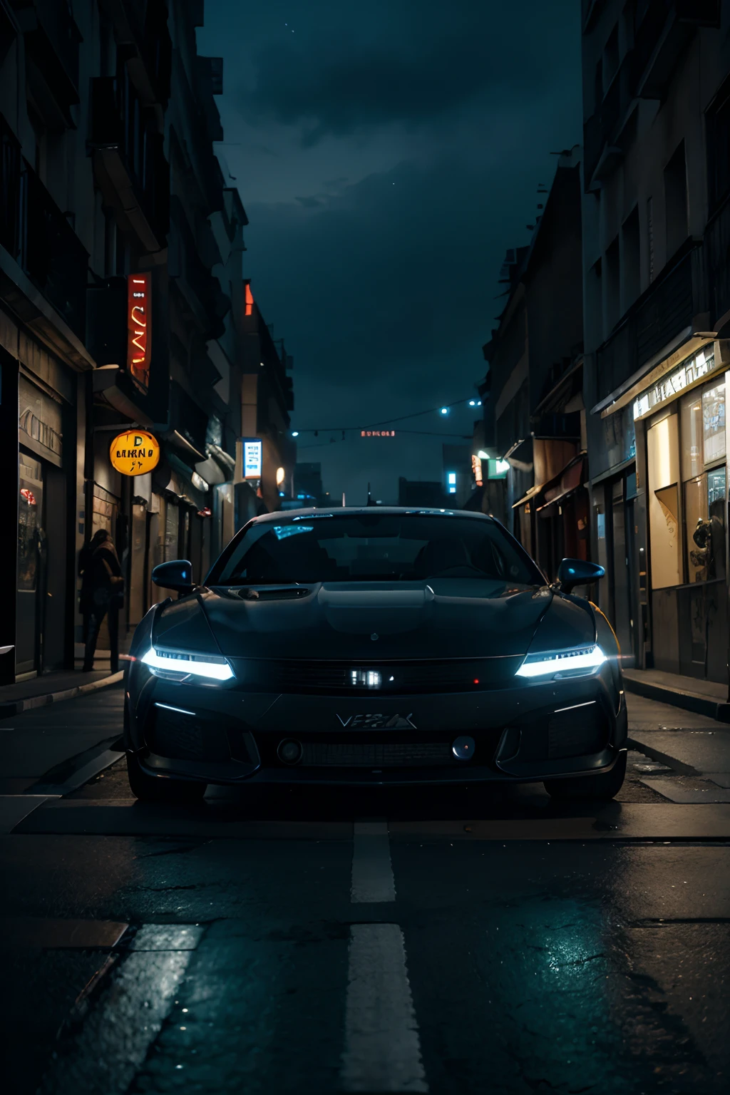 voiture quadra turbo-r v-tech from cyberpunk2077, ultra realiste, photo, Ultra detailded, Nuit, Paris, rue, from the outside, Dark blue bodywork, Headlights on, depuis 3 quart