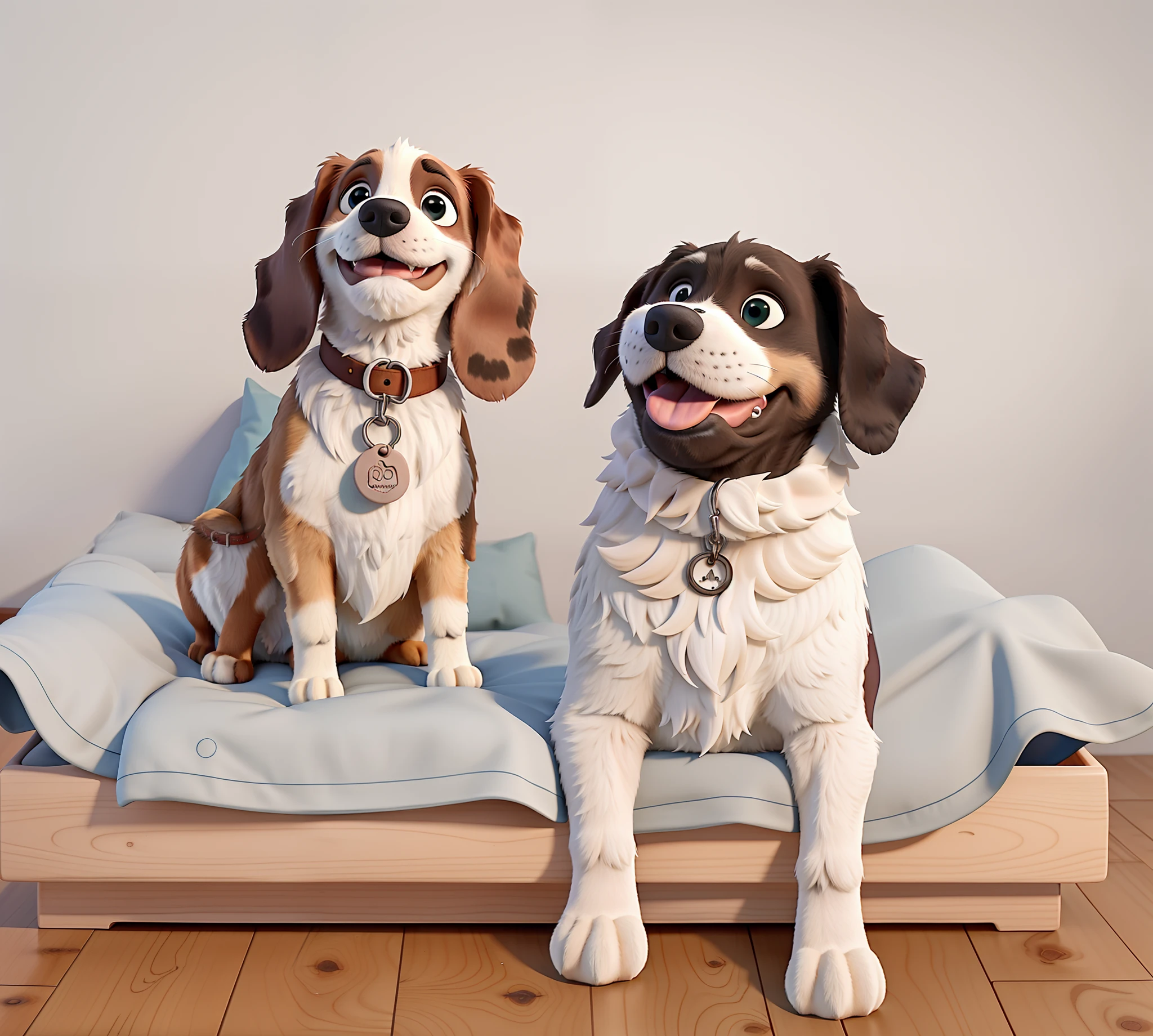 Two dogs sitting and tongue out on a gray fabric and wood bed. They're happy and they're friends. melhor qualidade. alta qualidade. No fundo estrelas e Aurora boreal.