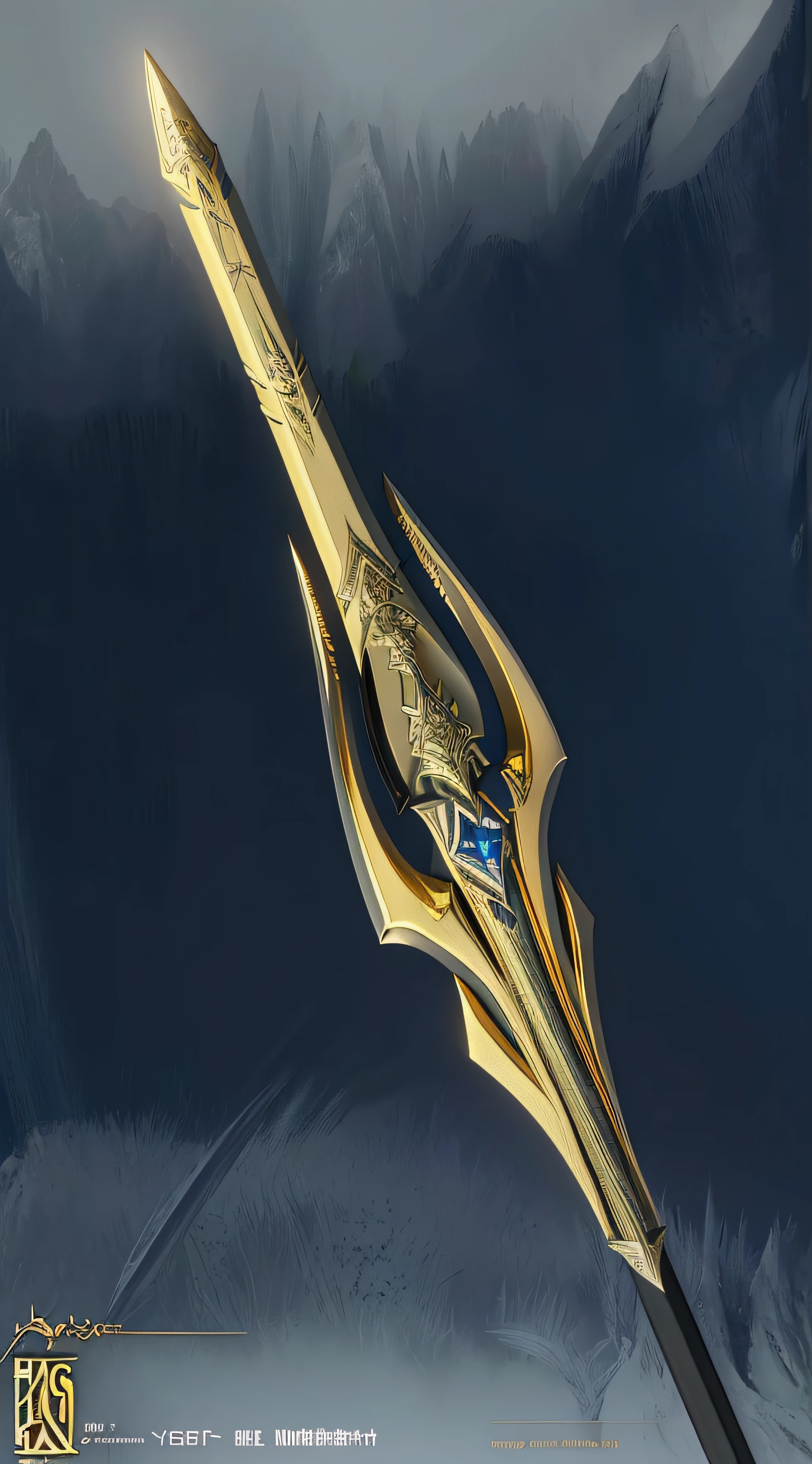 there is a very large gold sword with a black handle, intricate fantasy spear, golden sword, the spear of odin, epic fantasy weapon art, gold sword, sword design, fantasy weapon, concept art, concept art, realistic lance, weapon concept art, weapon design, spear, fantasy sword, infinity blade concept art, concept art magical highlight, metallic scepter, concept arts