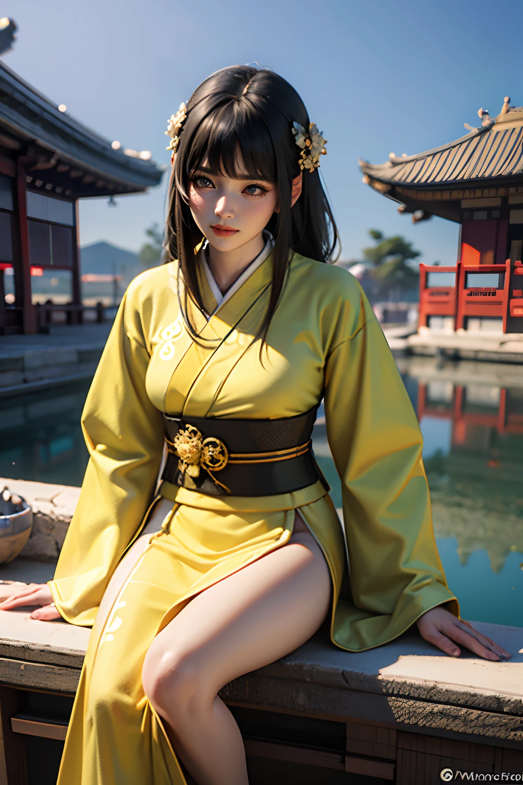 araffe woman in a yellow kimono sitting on a ledge, palace , a girl in hanfu, realistic anime 3 d style, artwork in the style of guweiz, beautiful character painting, 3 d anime realistic, trending on cgstation, anime styled 3d, wearing ancient chinese clothes, chinese girl, artgerm and atey ghailan