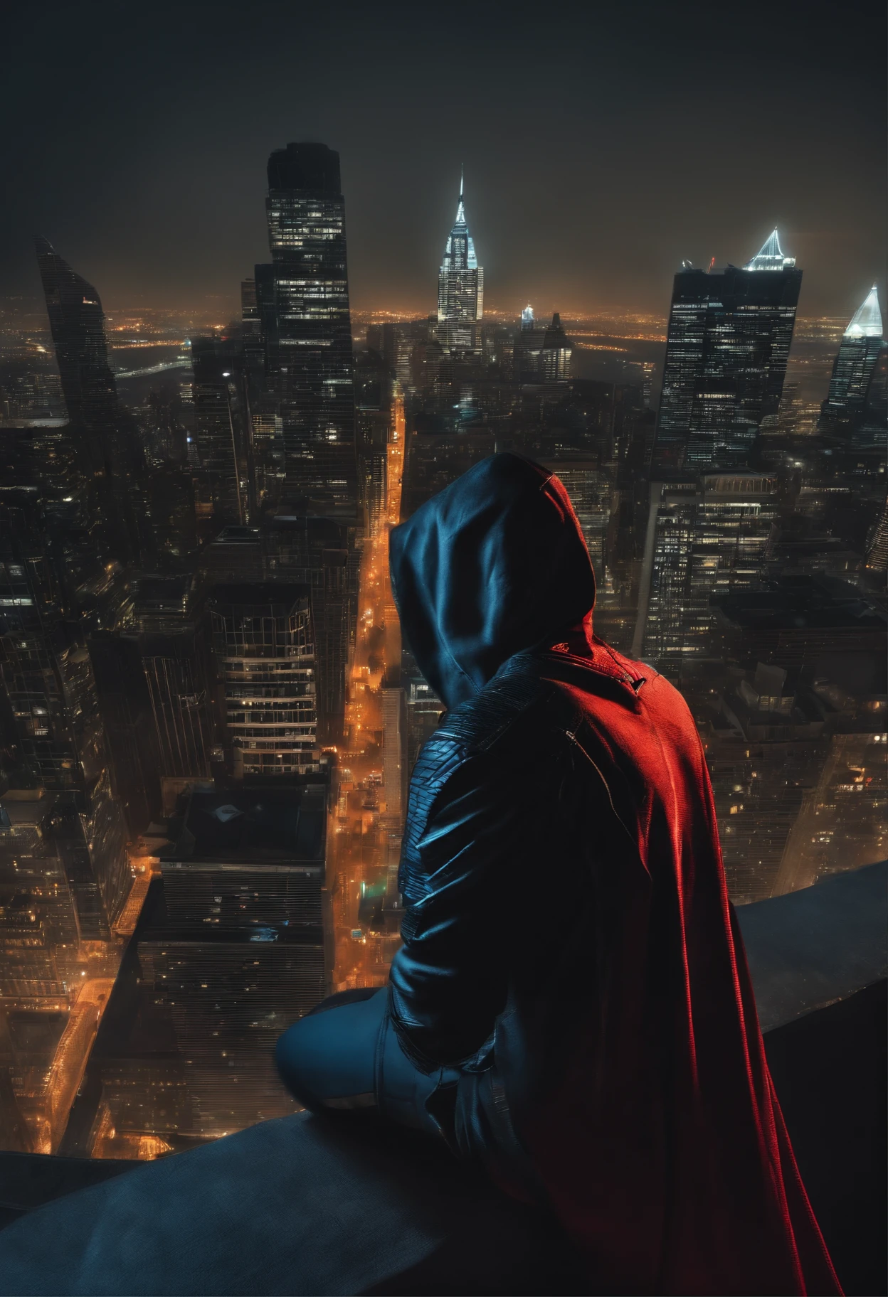 Black Spider-Man with a jacket on with a hood over his head while looking over a city at night time