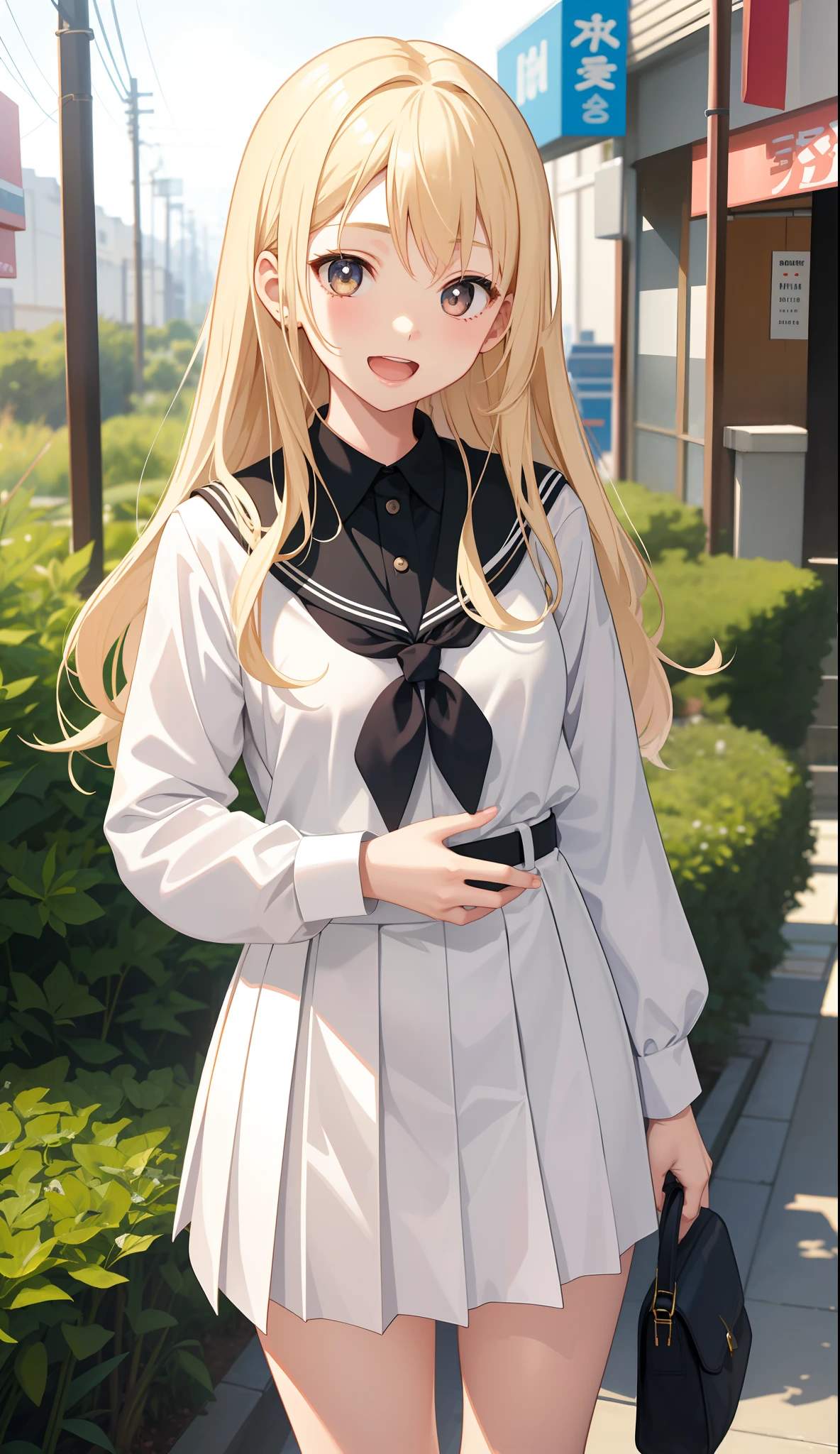 1girl in、AS-Adult、A smile、open open mouth、、be shy、The shirt、skirt by the、cream colored Hair、(small tits)Japan High School、校服、serafuku、Walking with a thigh、Upper body portrait、