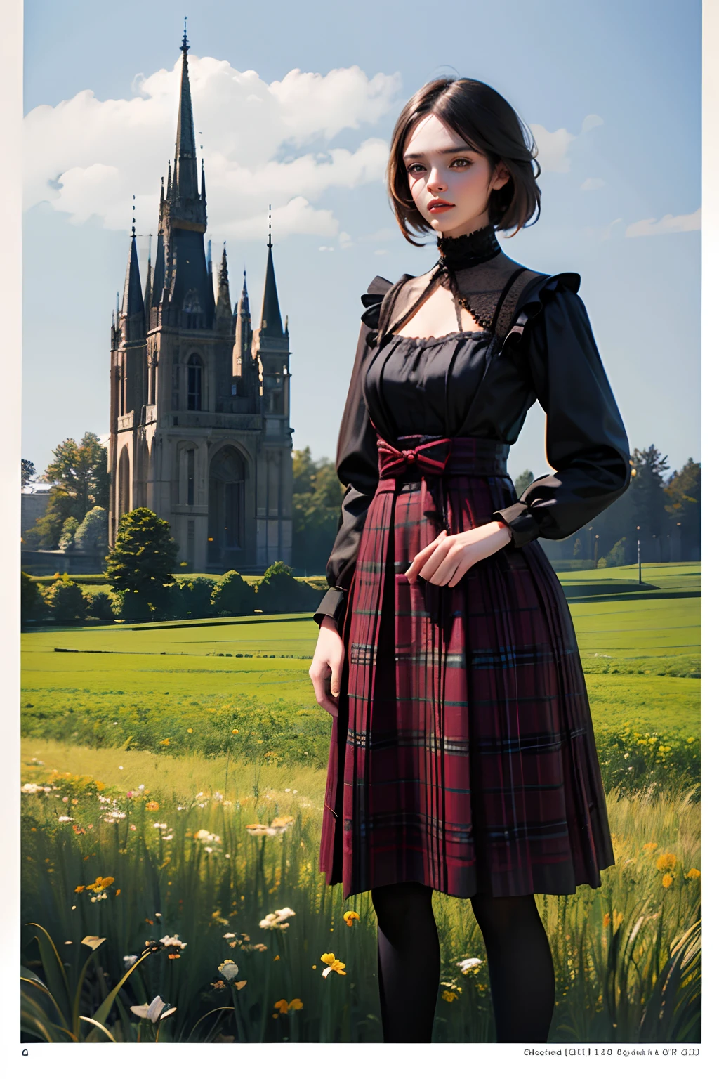 there is a woman standing next to a robot in a field, vogue italia, tartan garment, classical animation, scott robertson, two models in the frame, victorian photograph, teen, 2.5D, cyborg warrior