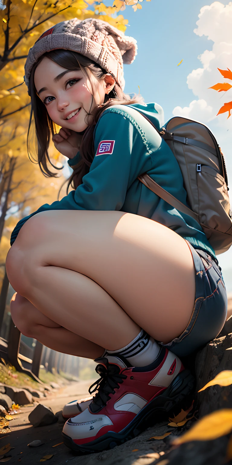 top-quality、Top image quality、masterpiece、(Super close-up looking up from below)、19 Year Old Girl Mountaineering、Back view wearing light shorts that emphasize the thighs、Backpack and climb the slope、Wear a knitted hat on your knees、(Colored leaves、A sexy、Face smile、Face Real