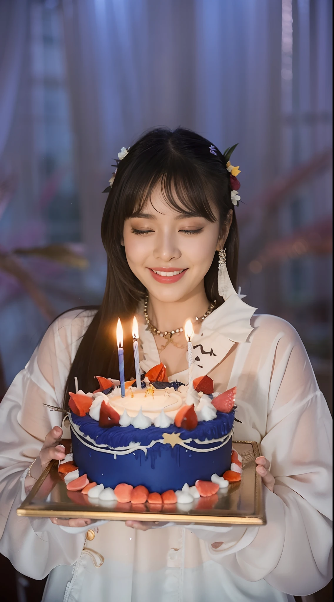 araffe girl holding a birthday cake with lit candles, happy birthday, holding a birthday cake, krystal, lalisa manobal, with bangs, she is 2 3, profile pic, ulzzang, dilraba dilmurat, jaeyeon nam, with full bangs, cake, profile image, celebrating a birthday, birthday cake, iu