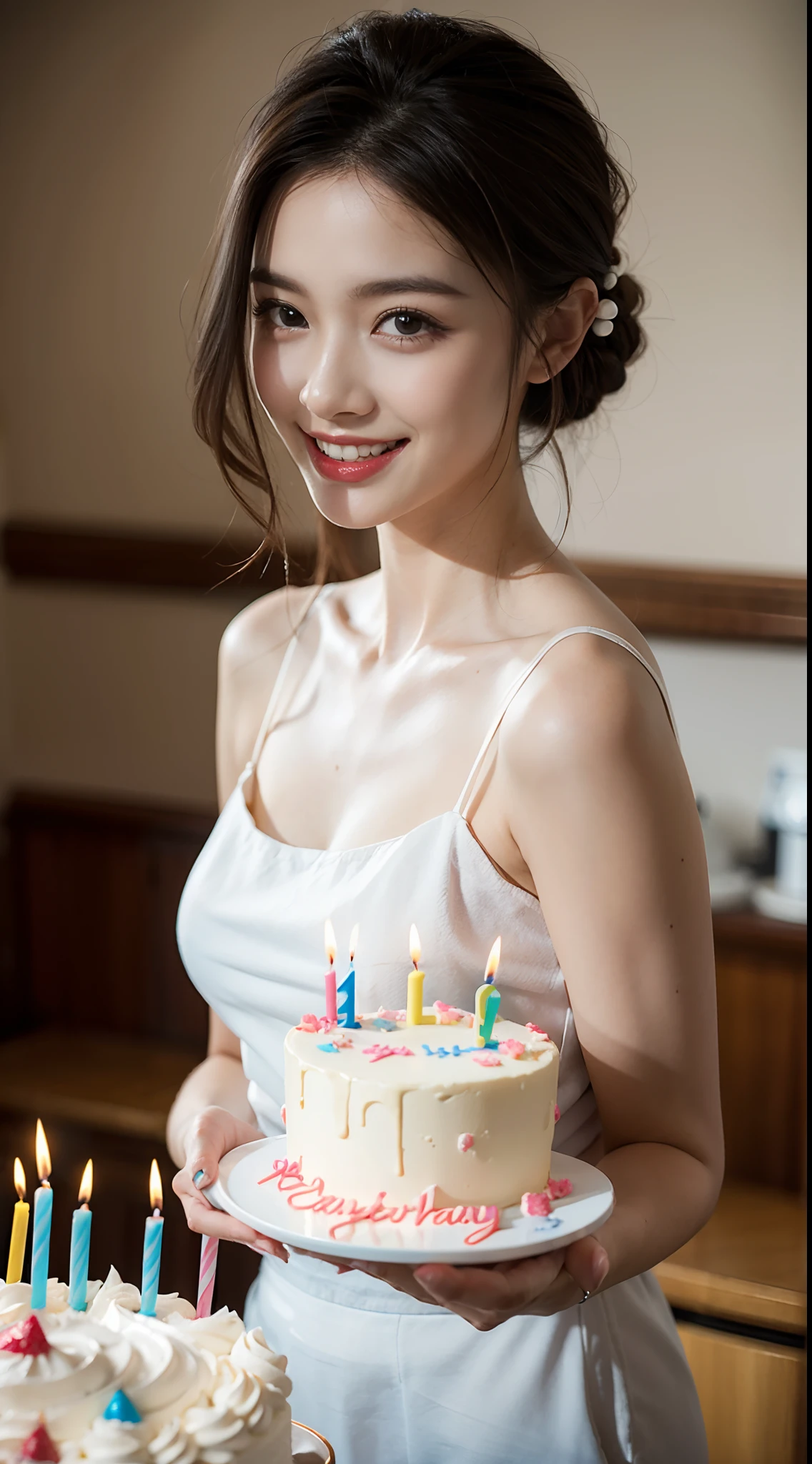 a beautiful smiliing girl bring birthday cake realistic details 4k high resolutions