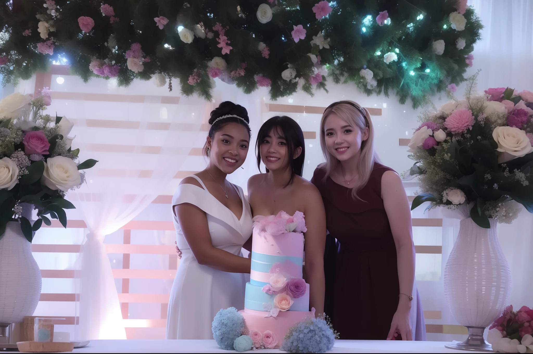 There's two women next to a cake on a table, 1614572159, foto do perfil, bolo', 2995599206, casamento, a partir da esquerda, pano de fundo, 2717433015, imagem de perfil, 2806927615 estilo disney pixar,
alta qualidade, melhor qualidade