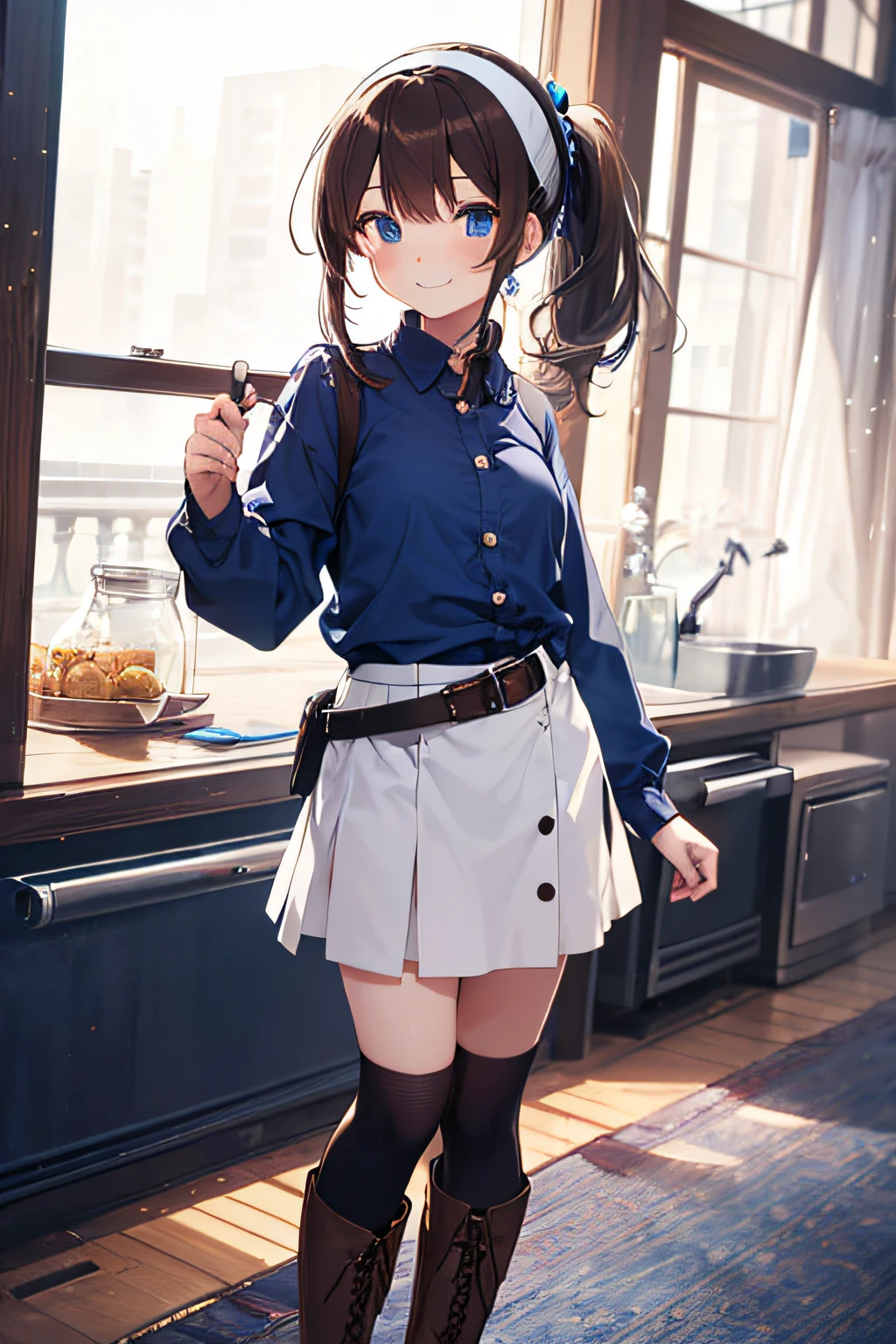 top quality, very delicate and beautiful, girl, 11 years old, (dark brown hair), blue clothes with vertical buttons, belt at the waist, white skirt, (ponytail)), (white hair band), (brown boots), blue eyes, standing, smile,
