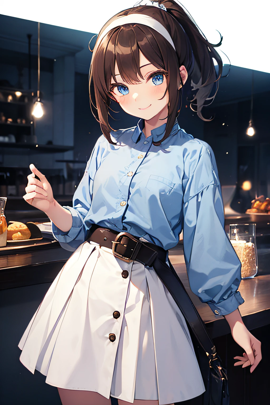 Anime girl in a blue shirt and white skirt standing in front of a ...