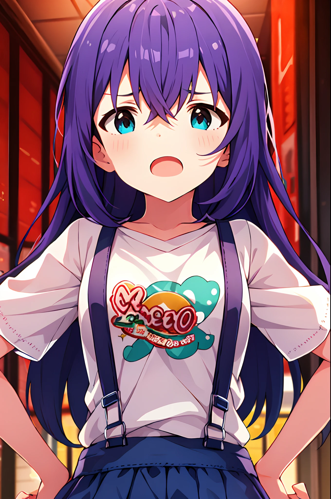 {{{{{mochizuki anna}}}}},1girl,solo,long hair,purple hair,small_ahoge,blue eyes.short stature.white t-shirts.suspenders.skirt.(((masterpiece))).(((best quality))).((ultra-detailed))).(((illustration))).night view.small Breasts.up chest.put hands on the hip.Sad face.open mouth.