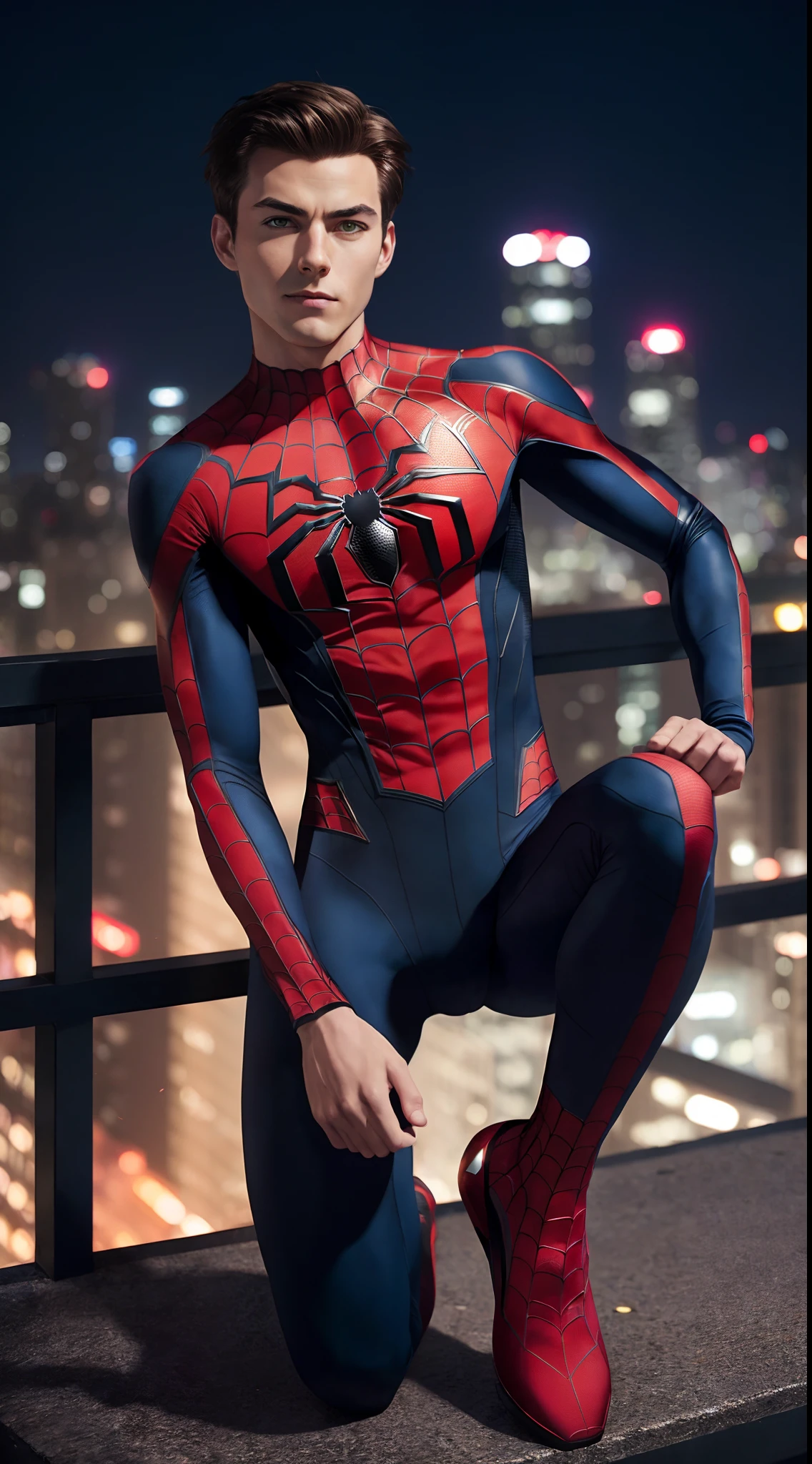 spider - man posing on a ledge with city lights in the background, futuristic style spiderman, skintight suits, peter parker as spiderman, wearing tight suit, red and black suit, black and red suit, peter parker, spiderman, portrait of spiderman, highly detailed spider - man, in spandex suit, closeup shot, spider-man, spider - man, highly detailed fingers, human fingers, perfect composition, detailed facial parts, perfect anatomy, Bigger Phallus in hip pants