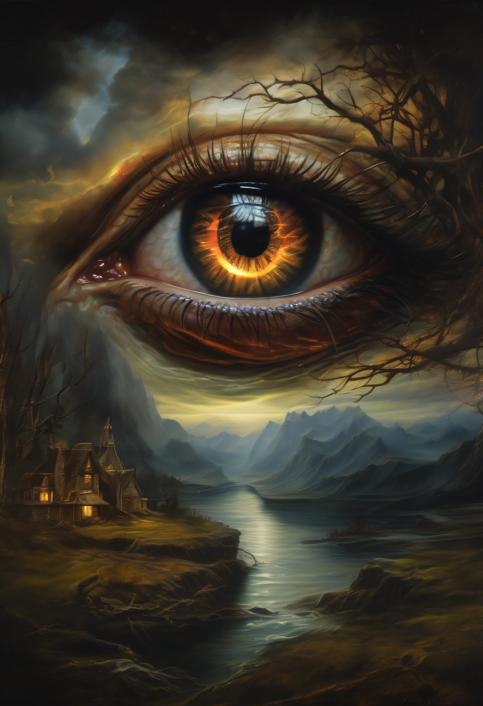 Devil's Eye imagination double exposure dark fantasy landscape art, accent lighting with blown light highlight, intricate insane details, beautiful creepy eye, stunning detail of oil painting,