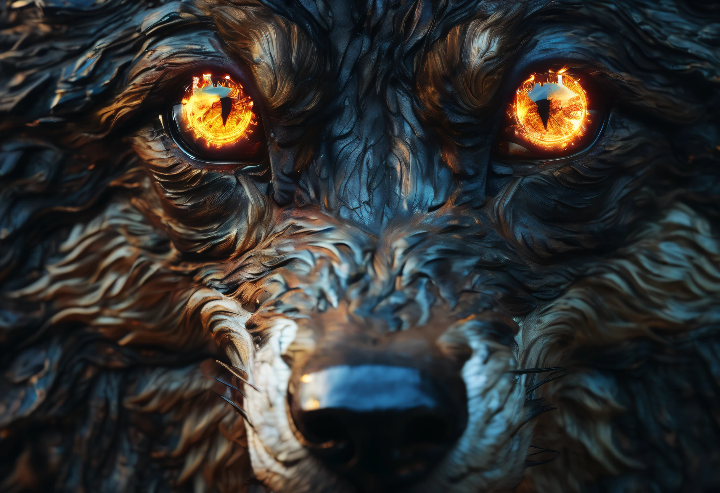 Devil's Eye wolf of imagination double exposure dark fantasy landscape art, accent lighting with blown light highlight, intricate insane details, beautiful creepy eye, stunning detail of oil painting,