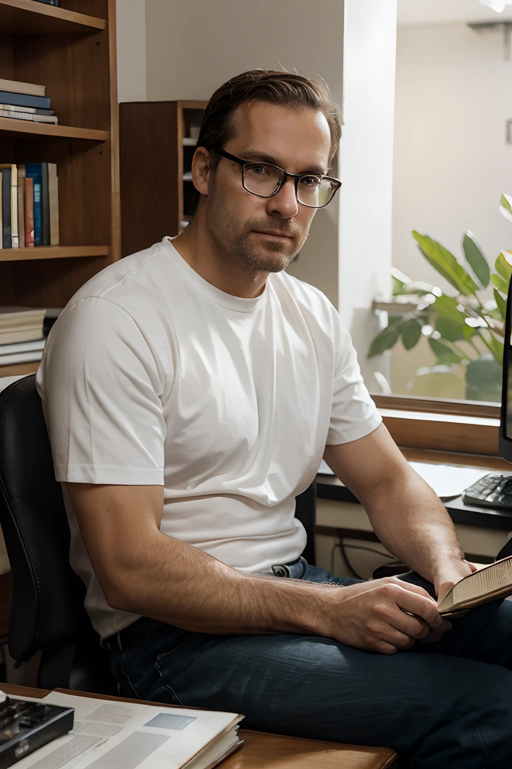 Beardless white man approximately 38 years old wearing glasses sitting with background computer and books above , ele tem furo no queixo e covinha na bochecha, olhos e cabelos castanhos, olhar inteligente