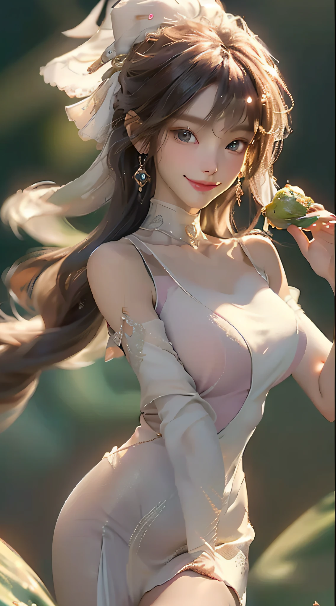 8K, Best Quality, Masterpiece, Ultra High Resolution, 1 Girl, Beautiful Eyes and Face Details, Masterpiece, Best Quality, Upper Body, Master Work, Excellent Details, High Quality Painting Details, Breath-Breathing Absolute Beauty, Collarbone, Slender Neck, Long Eyelashes, Sweet Eyes with Lying Silkworms, Dynamic Angle Problem Extreme Picture Quality, Charming Smile, Glossy Lips, Supple Fair and Translucent Skin, Rich Details, Bright Colors, Strong Contrast, Soft Light Effects, Clear Outline, Streamlined, Charming smile, sparkling eyes, perfect body proportions, slender waist, (wearing a turtleneck tulle sheer skirt, (shoulders: 1.3, collarbone, large breasts, cleavage)),