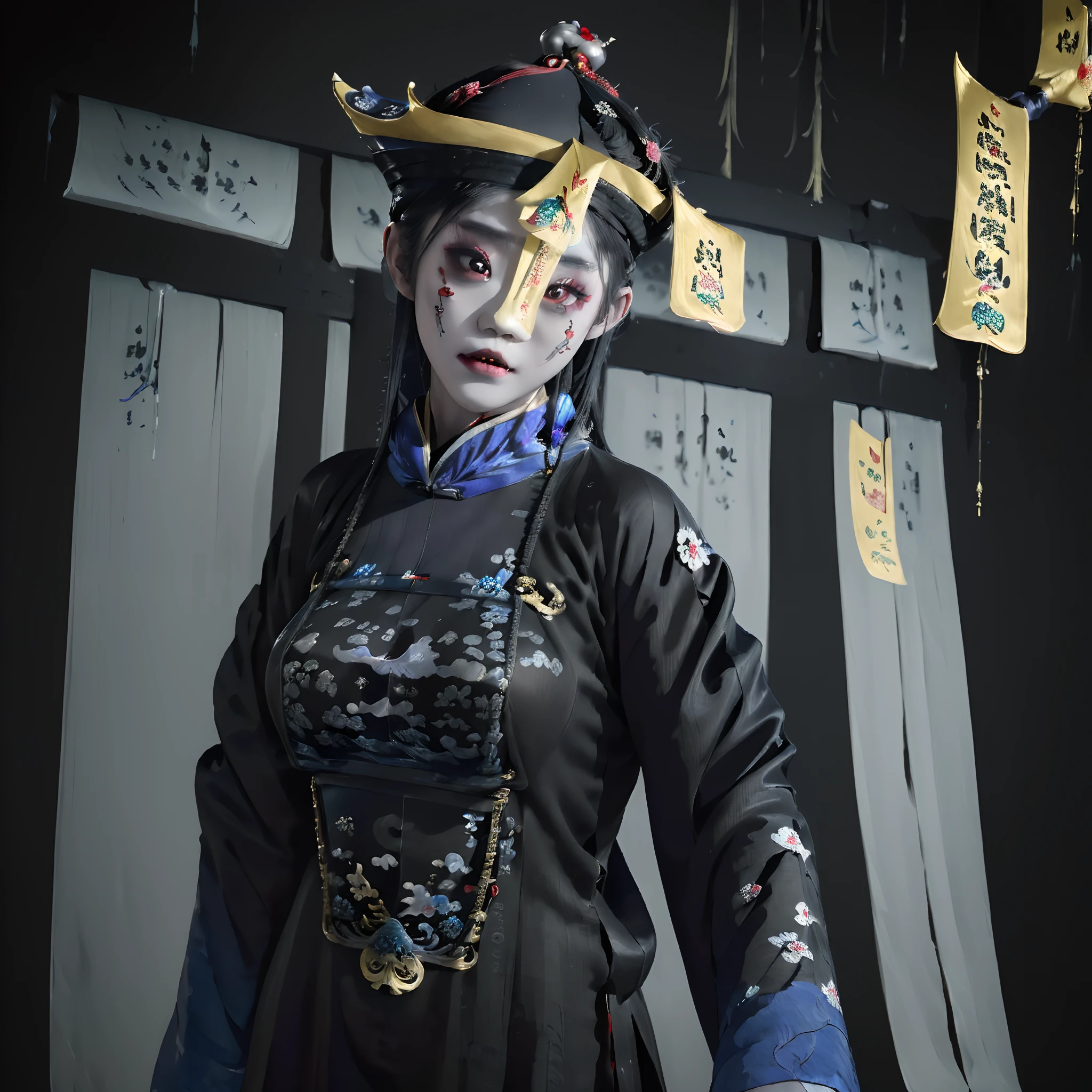 ((masterpiece, Best Quality)), 32K HDR, high resolution, Ultra-detailed, intricate detailes, Cyberpunk, ((1girl in:1.2)), Jiangshi Costume, Dressed as Jiangshi, (Huangfu paper on the head:1.9), Solo, (Abandoned hut:1.2, In China), (ominous vibe), (Spooky environment), (((realistic Detailed depiction of a girl from Jiangshi with a Huangfu paper on her head))), (creepy pose:1.1), (Spooky lighting), Visual effects with motion blur and spooky elements, Huge breasts, huge tit, Huge boobs,